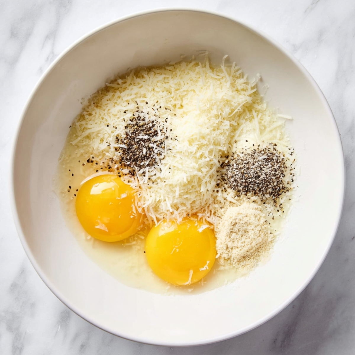 Easy Spaghetti Carbonara Recipe 11 Raw eggs with grated parmesan cheese and black pepper in a white bowl for carbonara sauce.