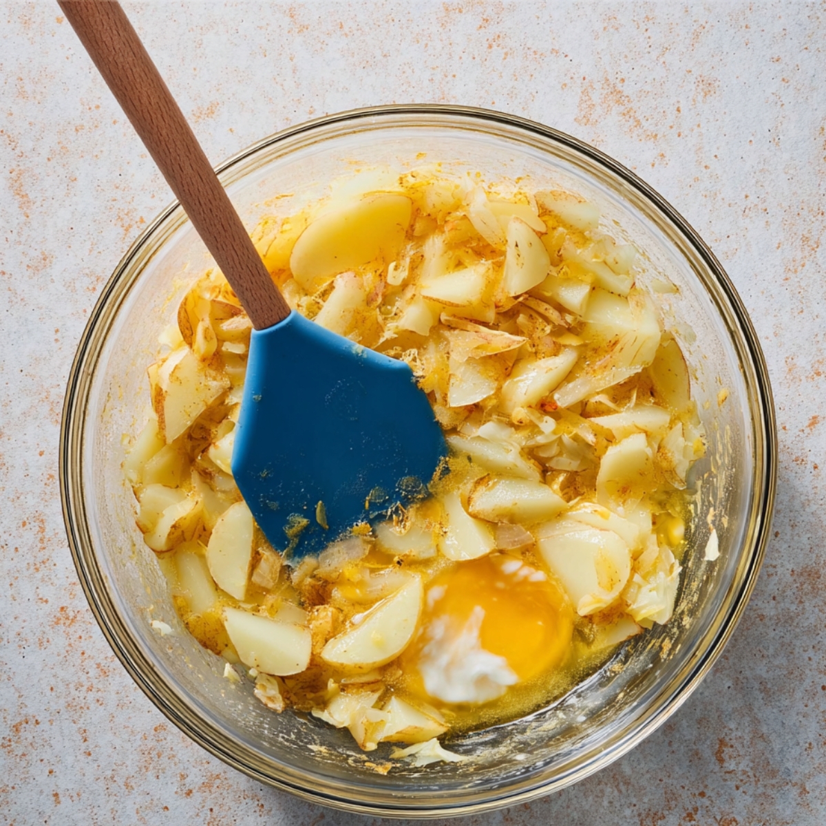 Spanish Tortilla Recipe - Easy 5-Ingredient Authentic 11 Glass bowl with beaten eggs mixed with sliced potatoes and onions, blue spatula inside, Spanish tortilla preparation, overhead food prep shot, soft natural lighting