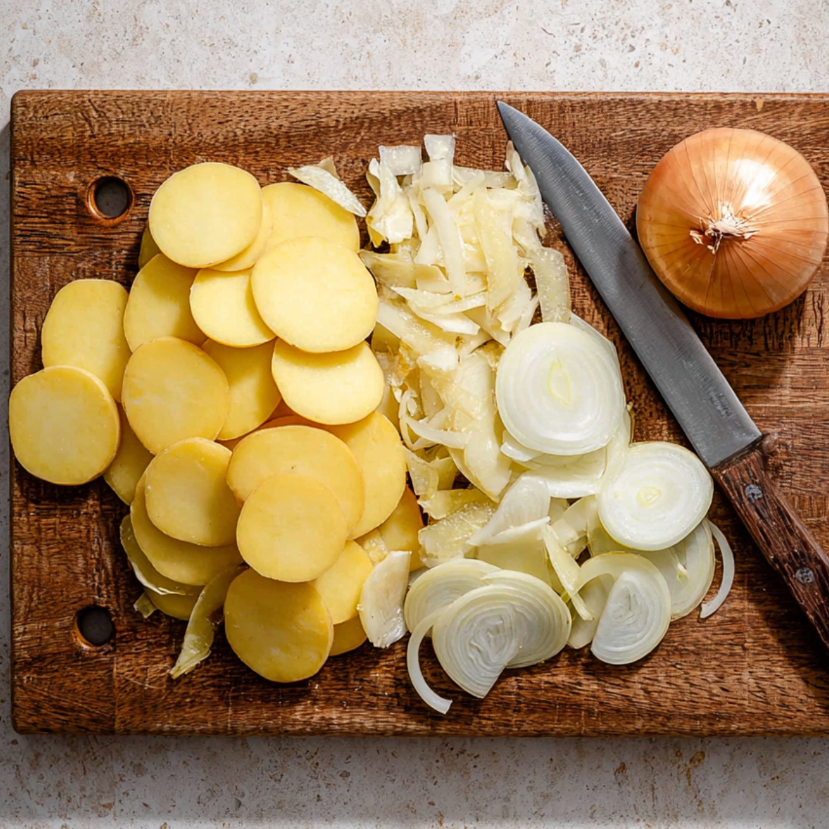 Spanish Tortilla Recipe - Easy 5-Ingredient Authentic 10 Overhead view of thinly sliced potatoes and onions on a wooden cutting board with a knife, ingredients for Spanish tortilla, rustic kitchen style, clean food prep photography