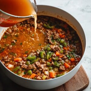 Stuffed Pepper Soup Recipe | Easy & Comforting in 52 Min 16 Ground beef and diced vegetables cooking in a large white pot, broth being poured in from a glass measuring cup, action shot, overhead angle, homemade soup preparation, cozy kitchen atmosphere, realistic food photography, natural light