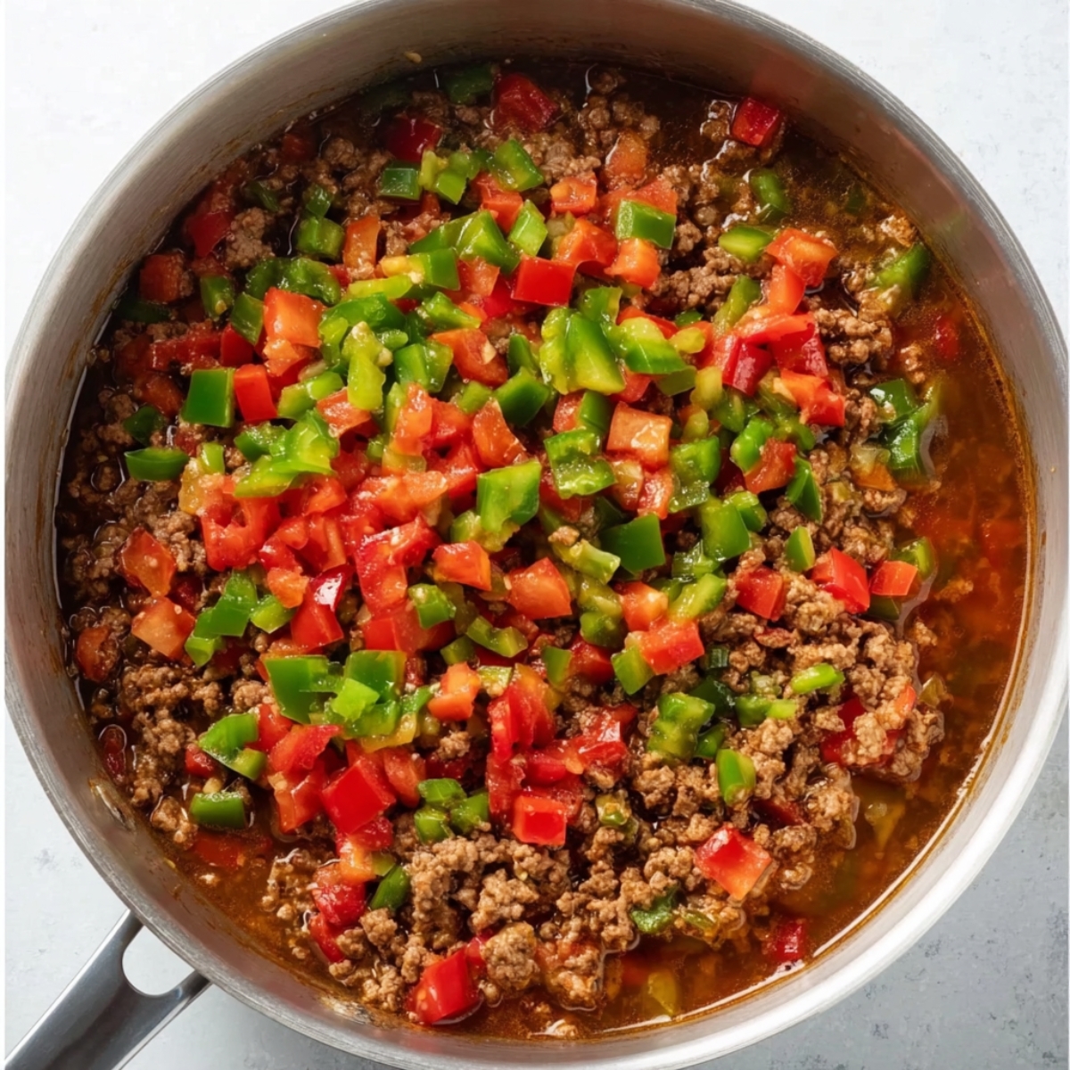 Stuffed Pepper Soup Recipe | Easy & Comforting in 52 Min 10 Top-down view of browned ground beef in a pot topped with freshly chopped red and green bell peppers, vibrant colors, meal prep stage, clean composition, realistic food photography, bright natural lighting