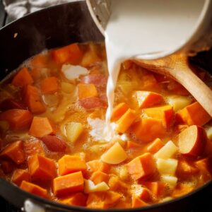 Easy Sweet Potato Soup Recipe | Vegan & Gluten-Free 16 “Close-up cooking shot of diced sweet potatoes and potatoes simmering in a pot, coconut milk being poured in, warm tones, wooden spoon, rustic kitchen style, cinematic lighting, realistic food photography, high detail”