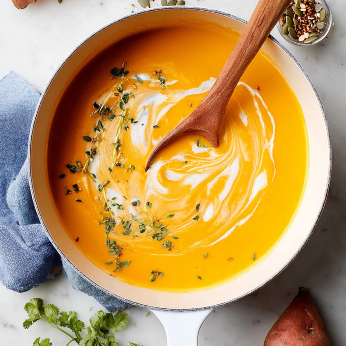 Easy Sweet Potato Soup Recipe | Vegan & Gluten-Free 12 “Top-down food photography of a creamy sweet potato soup in a white pot, vibrant orange color, wooden spoon stirring, cream swirl on top, marble background, fresh ingredients around (sweet potatoes, apple, seeds, herbs), natural soft light, minimalistic food styling, high resolution, realistic”