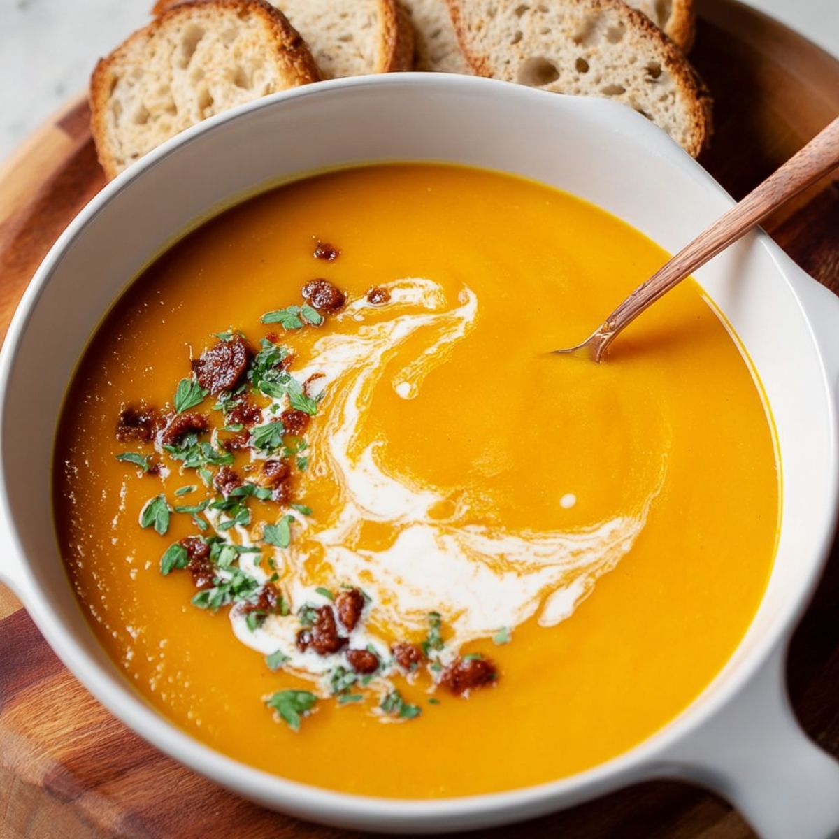 Easy Sweet Potato Soup Recipe | Vegan & Gluten-Free 13 “Top-down food photography of a creamy sweet potato soup in a white pot, vibrant orange color, wooden spoon stirring, cream swirl on top, marble background, fresh ingredients around (sweet potatoes, apple, seeds, herbs), natural soft light, minimalistic food styling, high resolution, realistic”