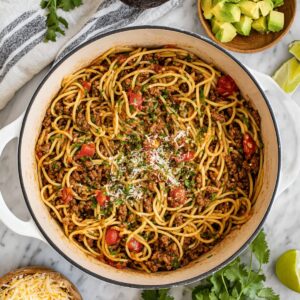 One-Pan Taco Spaghetti Recipe | Ready in 30 Minutes 18 Taco spaghetti cooking in a white pot with ground beef, tomatoes, and spaghetti, surrounded by avocado, lime, sour cream, and cheese.
