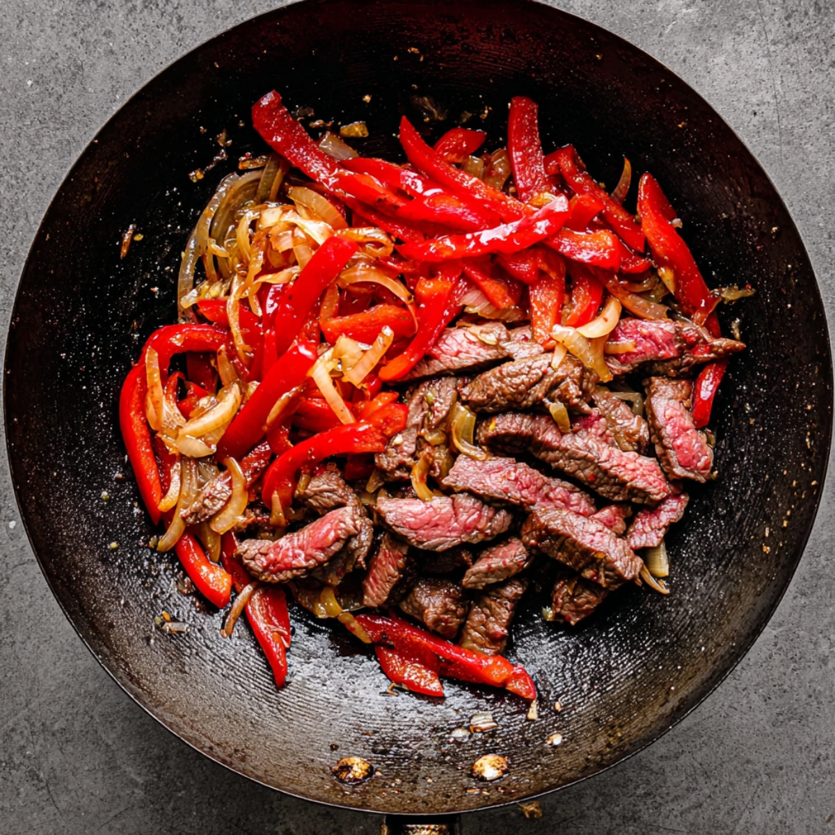 Thai Basil Beef Recipe - Quick, Easy & Ready in 25 Min 10 Beef strips, red bell peppers, and onions being stir-fried in a wok.
