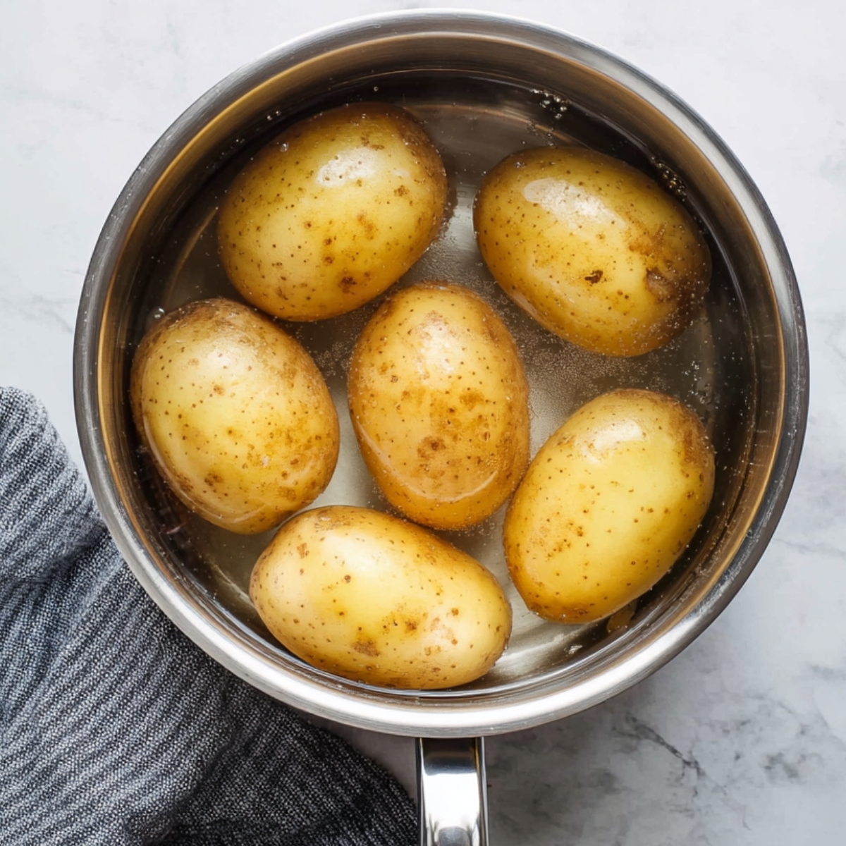 Turkish Potato Salad (No Mayo!) | 6 Easy Steps 10 Top-down view of whole potatoes boiling in a stainless steel saucepan filled with water on a marble countertop, with a gray kitchen towel beside the pot.