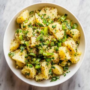 Turkish Potato Salad (No Mayo!) | 6 Easy Steps 16 Overhead view of Turkish potato salad in a white bowl, featuring tender potatoes mixed with green onions, parsley, spices, and olive oil on a marble background.