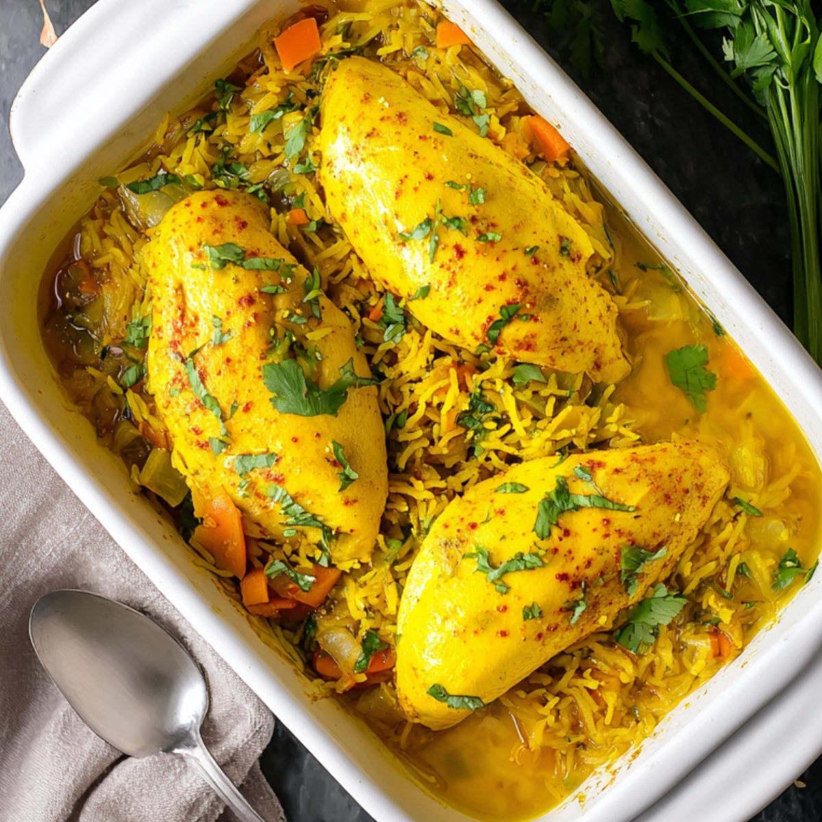 Healthy Turmeric Chicken and Rice Casserole 12 A baking dish with raw chicken breasts submerged in a golden, yellow sauce, surrounded by vegetables like carrots and onions. The dish is about to be baked, promising a delicious and comforting meal with aromatic flavors.
