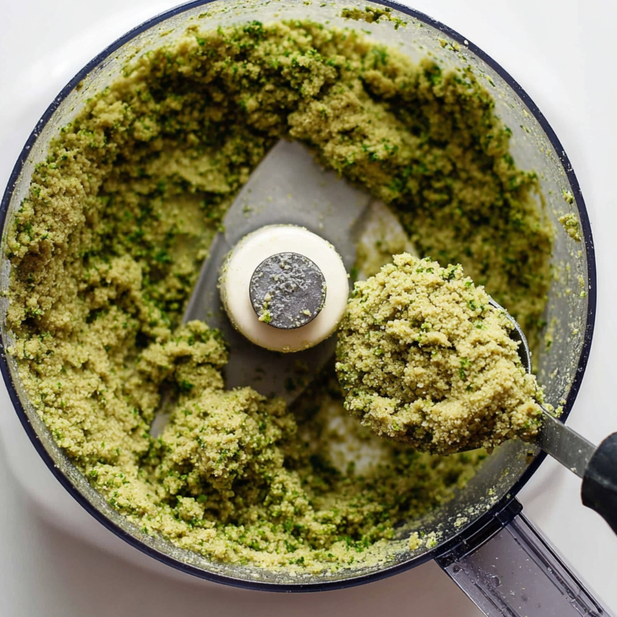 Easy Authentic Falafel Recipe | Golden & Crispy in 50 Min 11 Top-down view of falafel mixture made from chickpeas and fresh herbs inside a food processor, showing coarse green texture