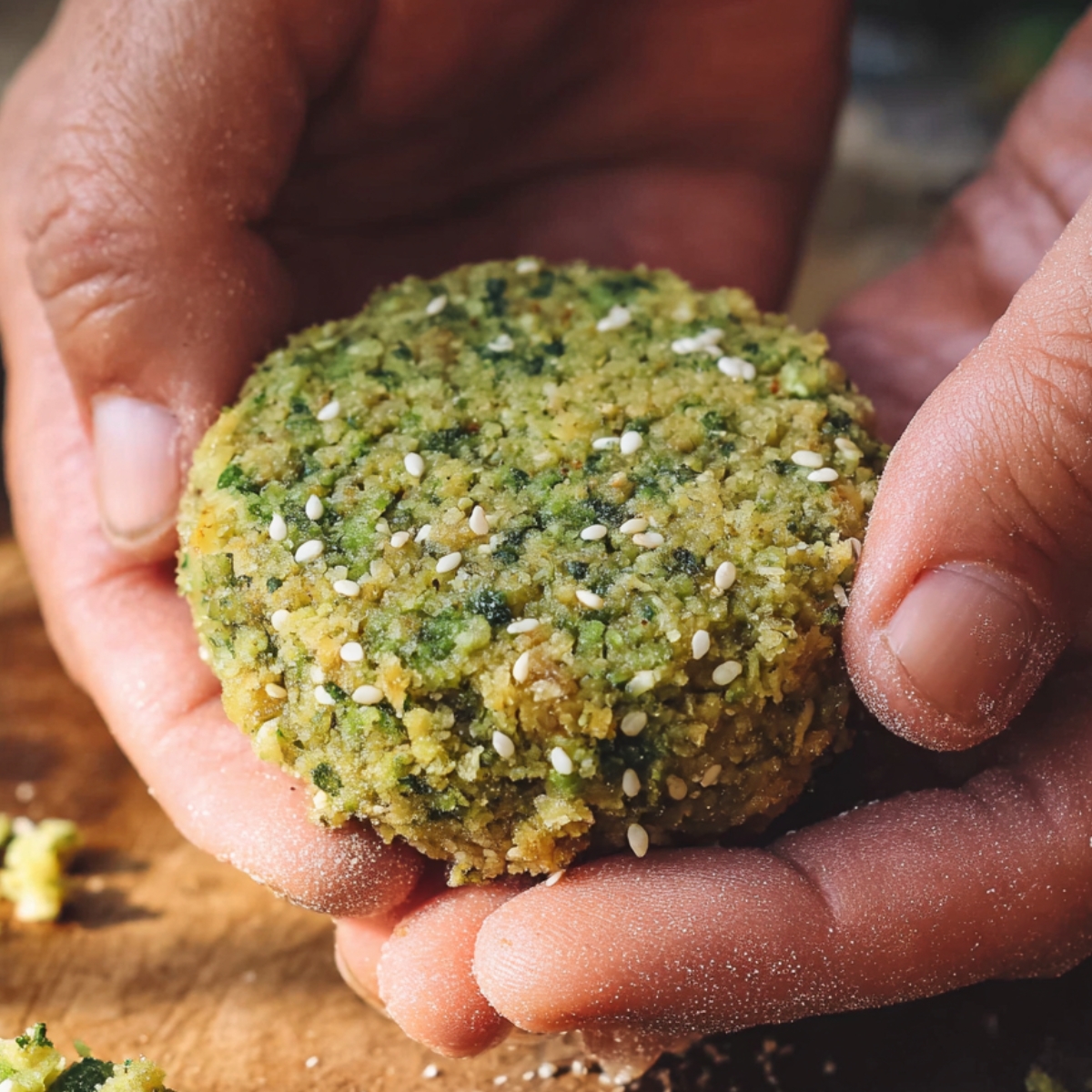 Easy Authentic Falafel Recipe | Golden & Crispy in 50 Min 12 Close-up of hands shaping raw falafel mixture into a round patty, green chickpea and herb mixture with sesame seeds visible