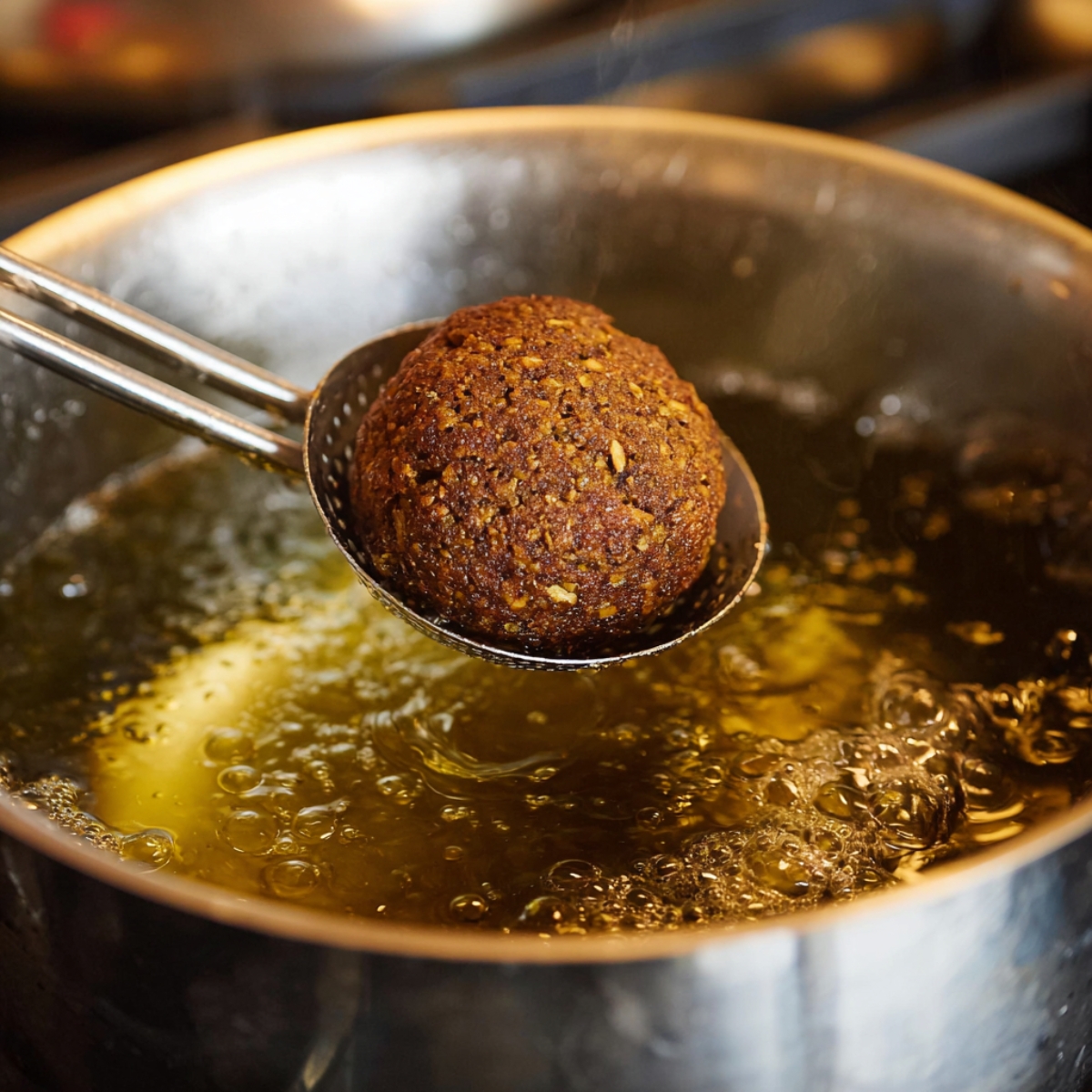 Easy Authentic Falafel Recipe | Golden & Crispy in 50 Min 13 Freshly fried falafel ball lifted from hot oil with a slotted spoon, showing a golden brown and crispy texture during the frying process