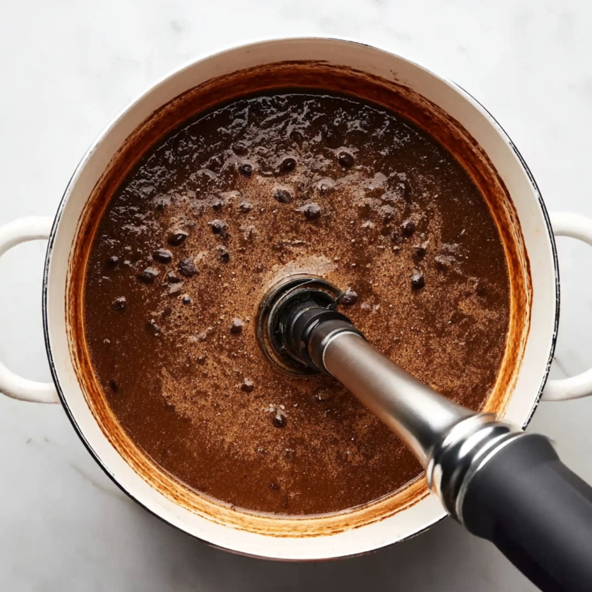 Easy Black Bean Soup Recipe - Ready in Just 30 Minutes 12 Overhead photo of black bean soup being blended with an immersion blender in a white pot, thick creamy texture, cooking in progress, white marble background, natural light