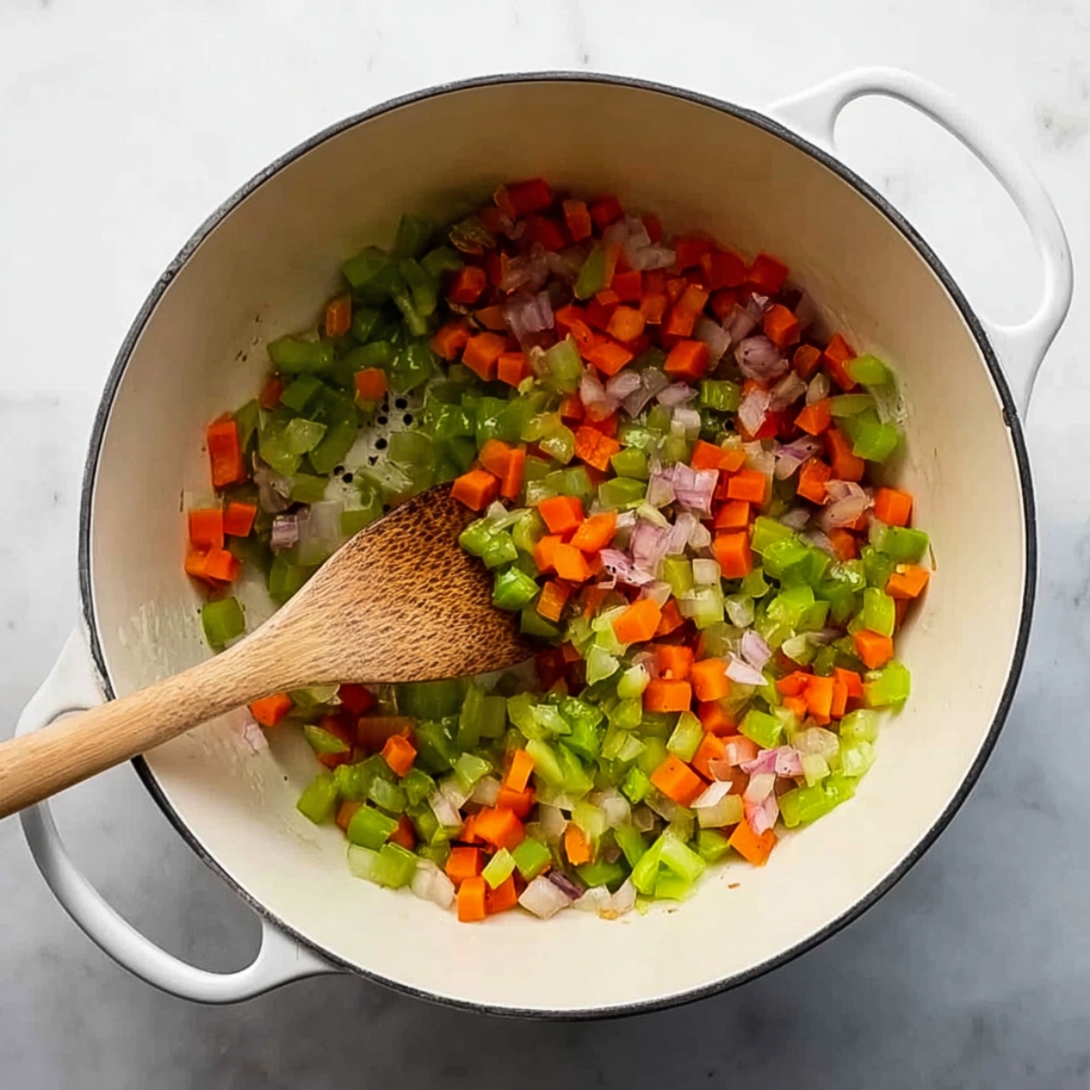 Easy Black Bean Soup Recipe - Ready in Just 30 Minutes 10 Overhead photo of a white pot with sautéed diced onions, carrots, celery, and bell peppers, spatula inside the pot, colorful vegetables, early cooking stage, bright natural light