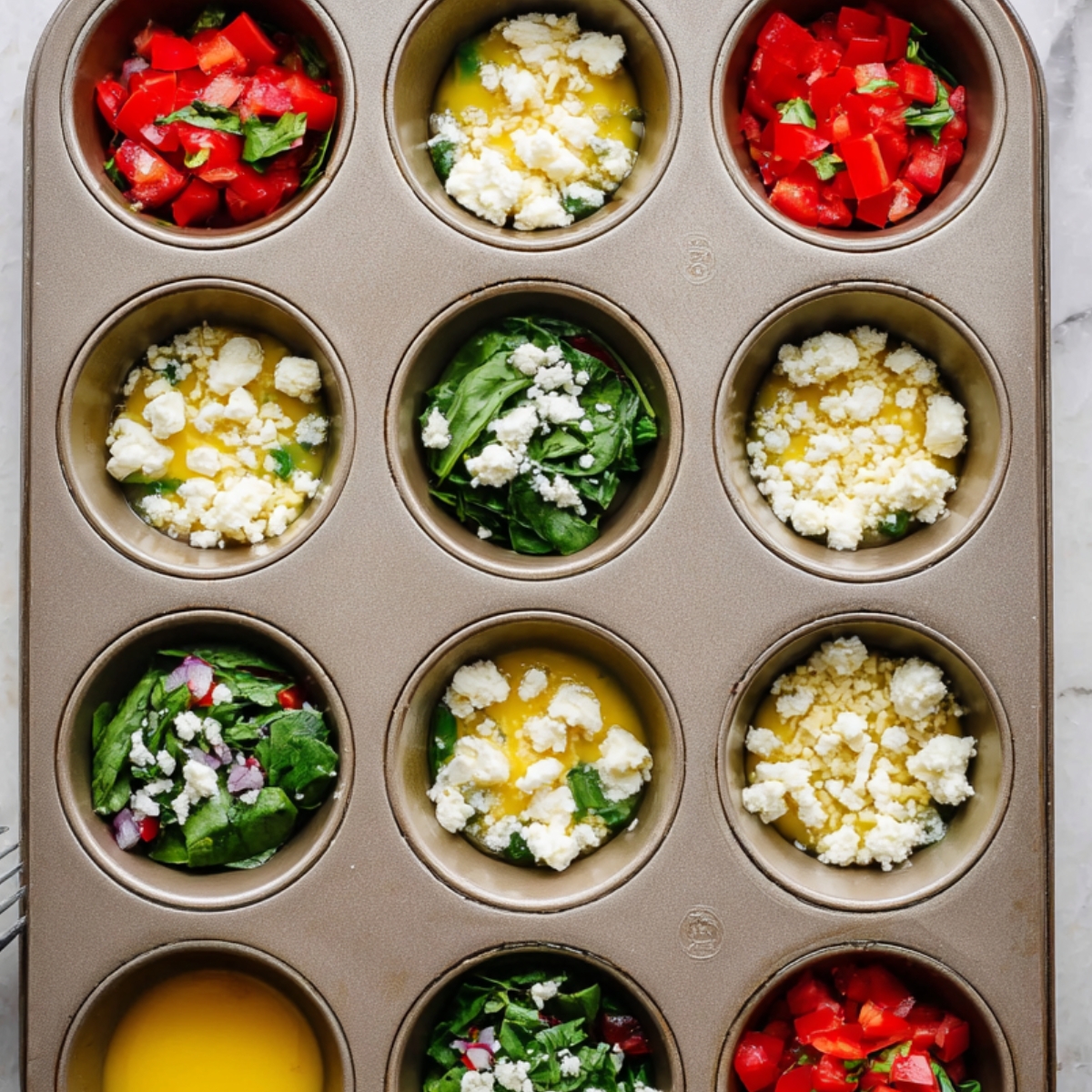 Healthy Breakfast Egg Muffins Recipe 11 A muffin tin with colorful mix-ins for egg muffins, including chopped tomatoes, spinach, and crumbled feta cheese, ready for the addition of the egg mixture.