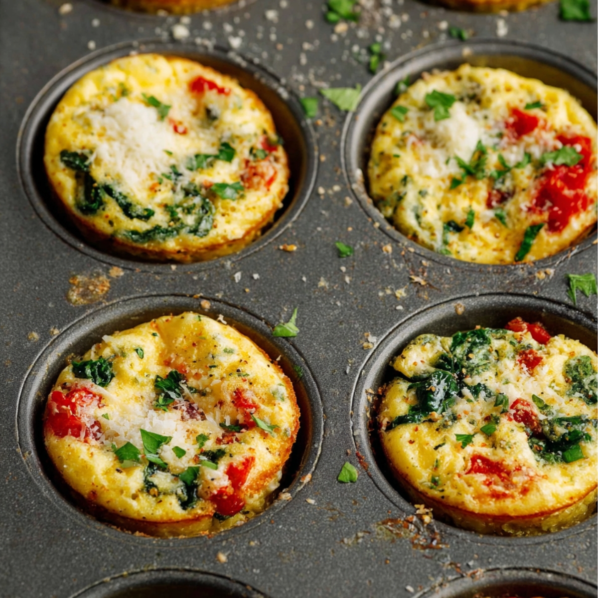 Healthy Breakfast Egg Muffins Recipe 13 A muffin tin filled with baked egg muffins, featuring spinach, tomatoes, and cheese, topped with fresh herbs and a sprinkle of parmesan cheese.