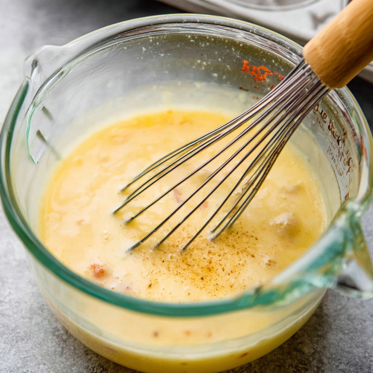 Healthy Breakfast Egg Muffins Recipe 10 A close-up of a glass measuring cup filled with egg mixture, whisked together with diced ham and seasoning, ready for baking.
