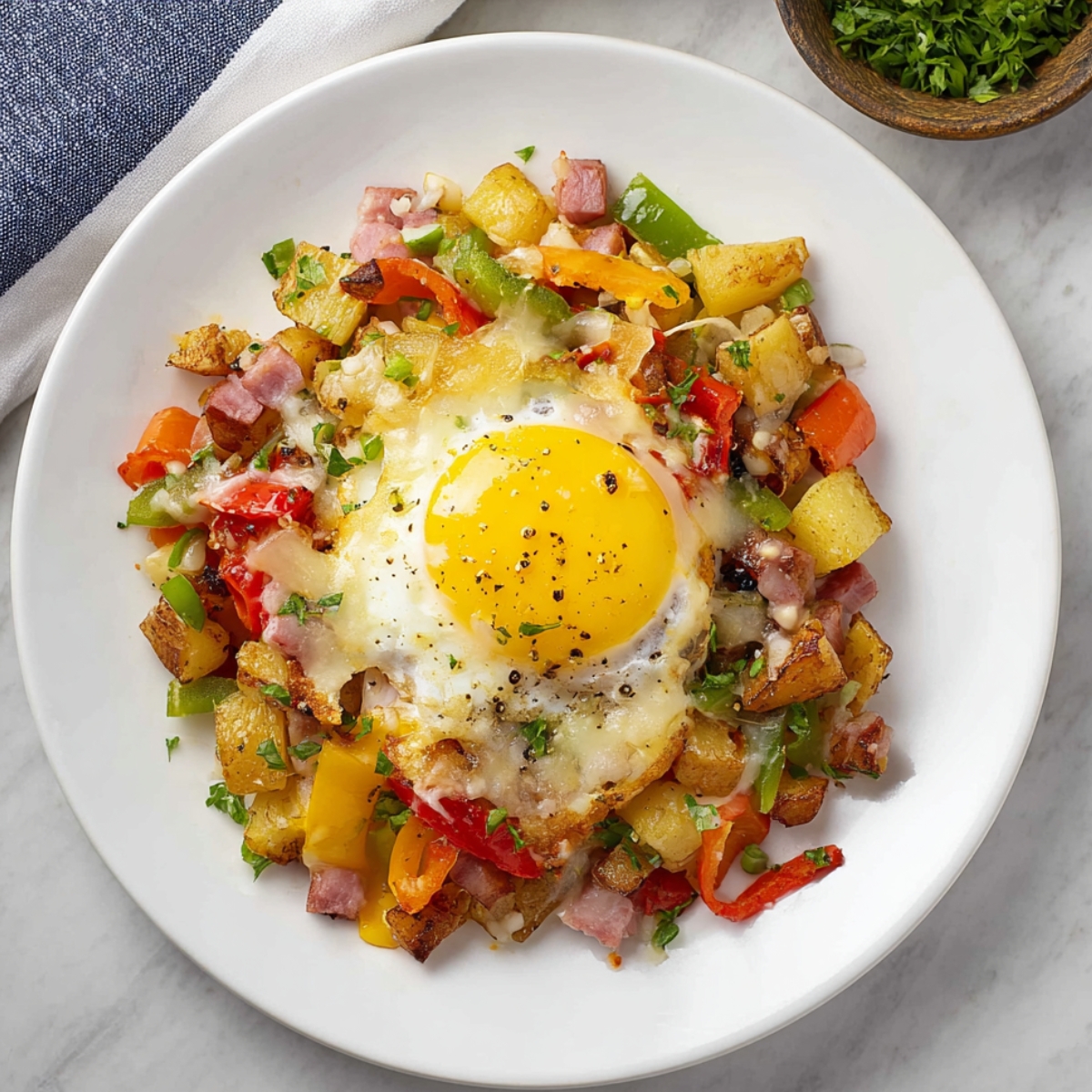 30-Minute Breakfast Skillet | Crispy Potatoes & Eggs 13 Served breakfast hash on a white plate with crispy potatoes, diced ham, red and green bell peppers, melted cheese, and a sunny-side-up egg on top.
