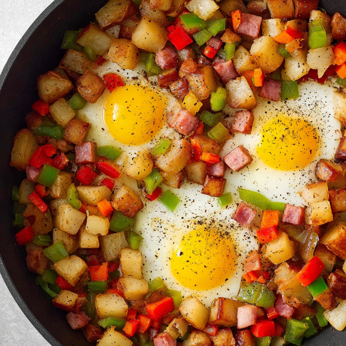 30-Minute Breakfast Skillet | Crispy Potatoes & Eggs 11 Close-up of eggs cooking in a breakfast skillet with crispy potatoes, diced ham, bell peppers, and cracked black pepper.