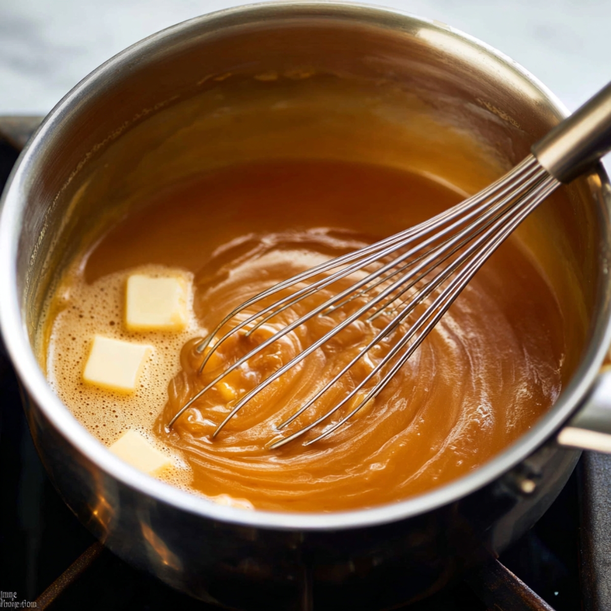 Easy Butterscotch Pie Recipe | 9 Steps to Silky Perfection 11 Butterscotch filling cooking in a saucepan with butter and sugar, stirred with a whisk until thick and glossy.