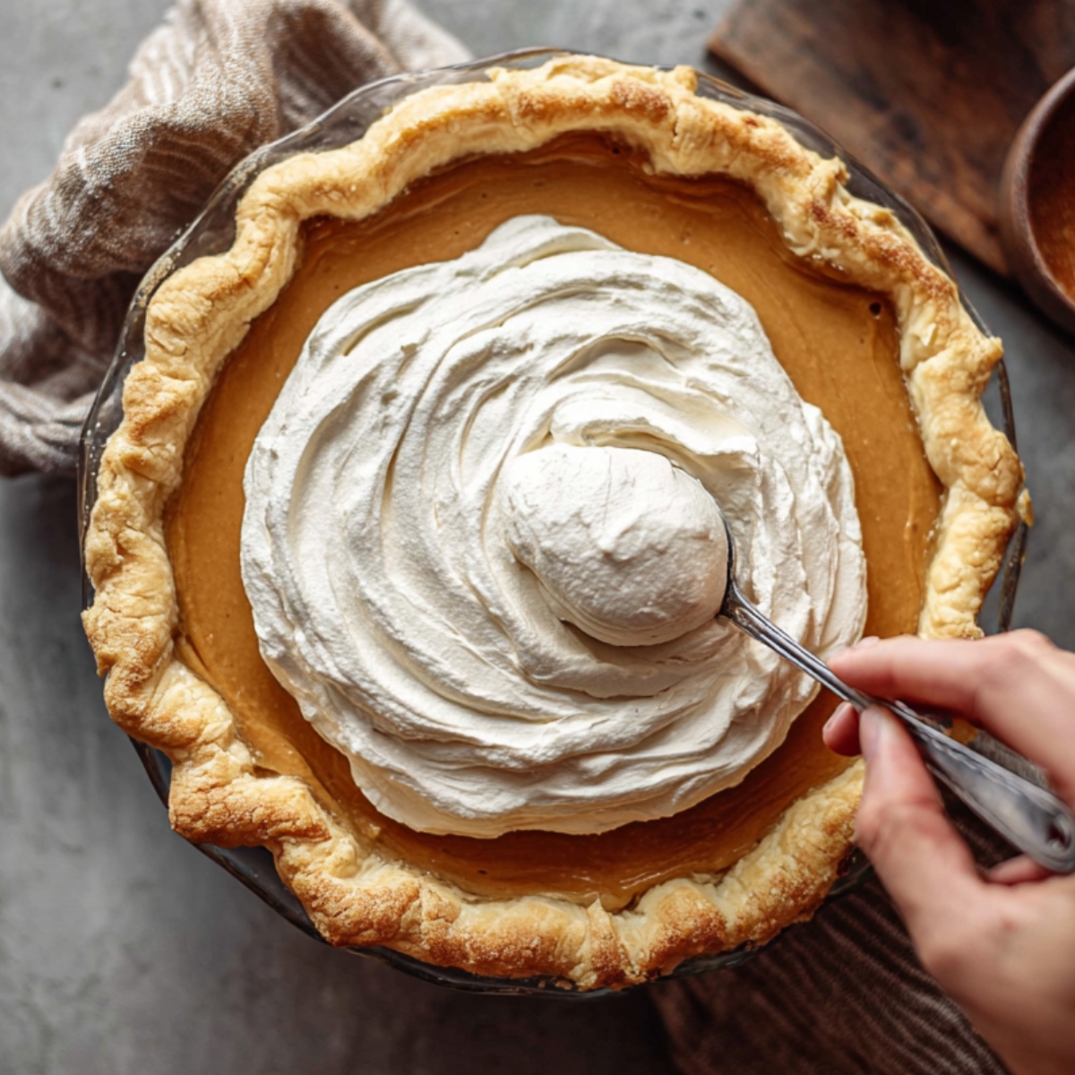 Easy Butterscotch Pie Recipe | 9 Steps to Silky Perfection 13 Whipped cream being spread over a butterscotch pie filling inside a golden baked pie crust.