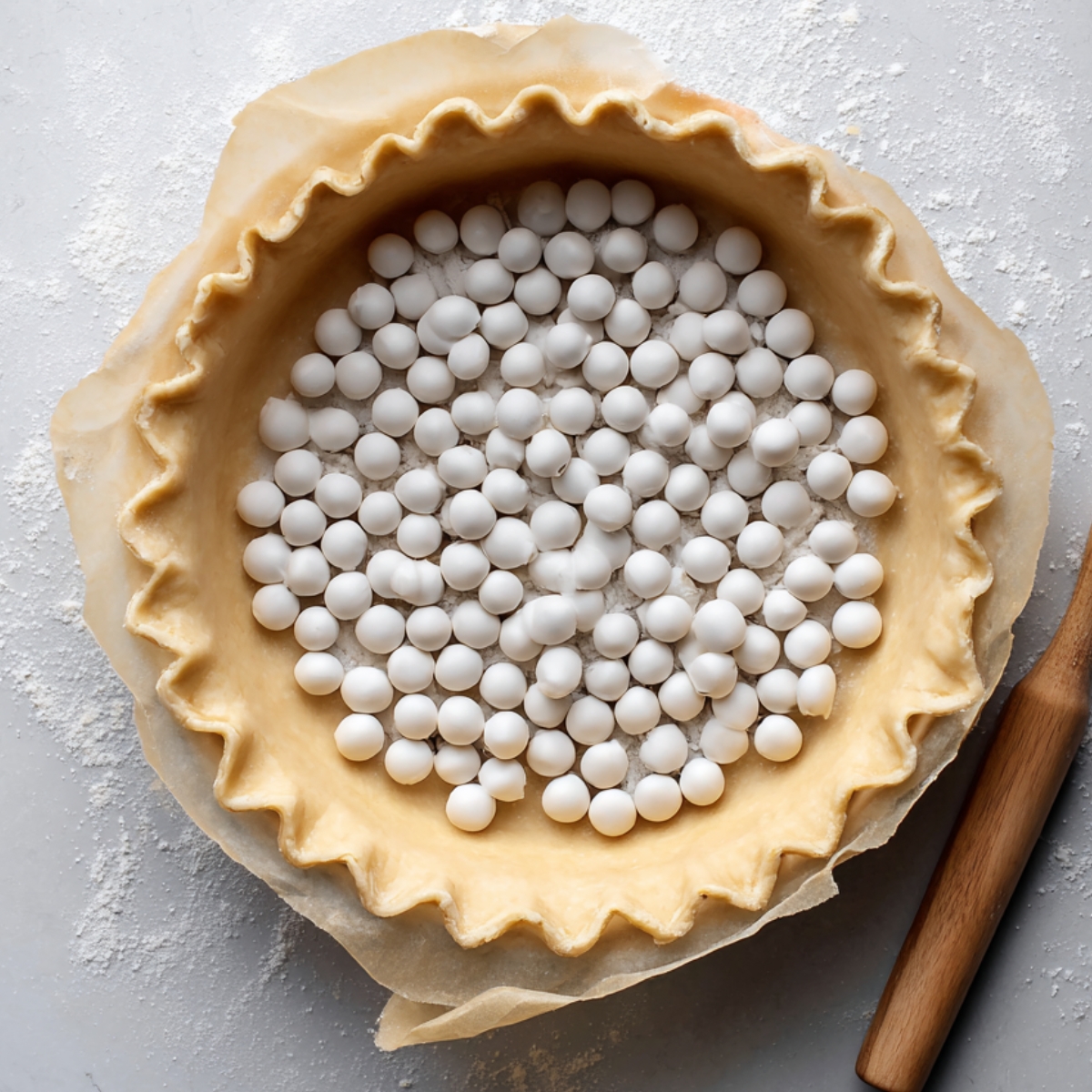 Easy Butterscotch Pie Recipe | 9 Steps to Silky Perfection 10 Unbaked pie crust lined with parchment paper and filled with pie weights for blind baking.