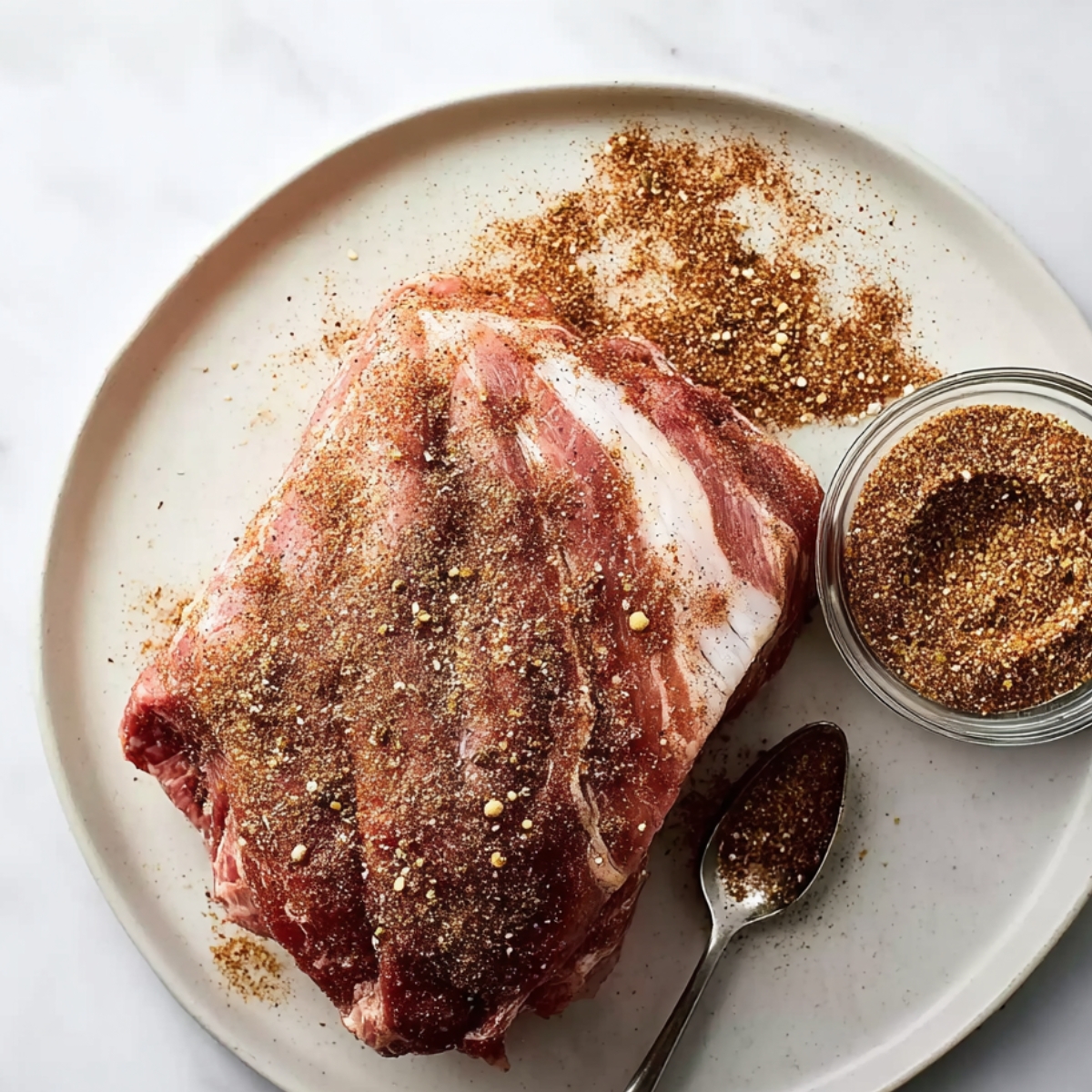 Carnitas Crockpot Recipe | 10 Ingredients, 8 Hours 10 “Overhead food photography of raw pork shoulder prepared for carnitas, generously coated with a rustic spice rub, resting on a white ceramic plate. A small glass bowl of the same seasoning sits beside it with a spoon, spices slightly scattered. Bright natural light, minimal marble background, sharp focus, realistic textures, professional cookbook style, high detail, neutral color palette.”