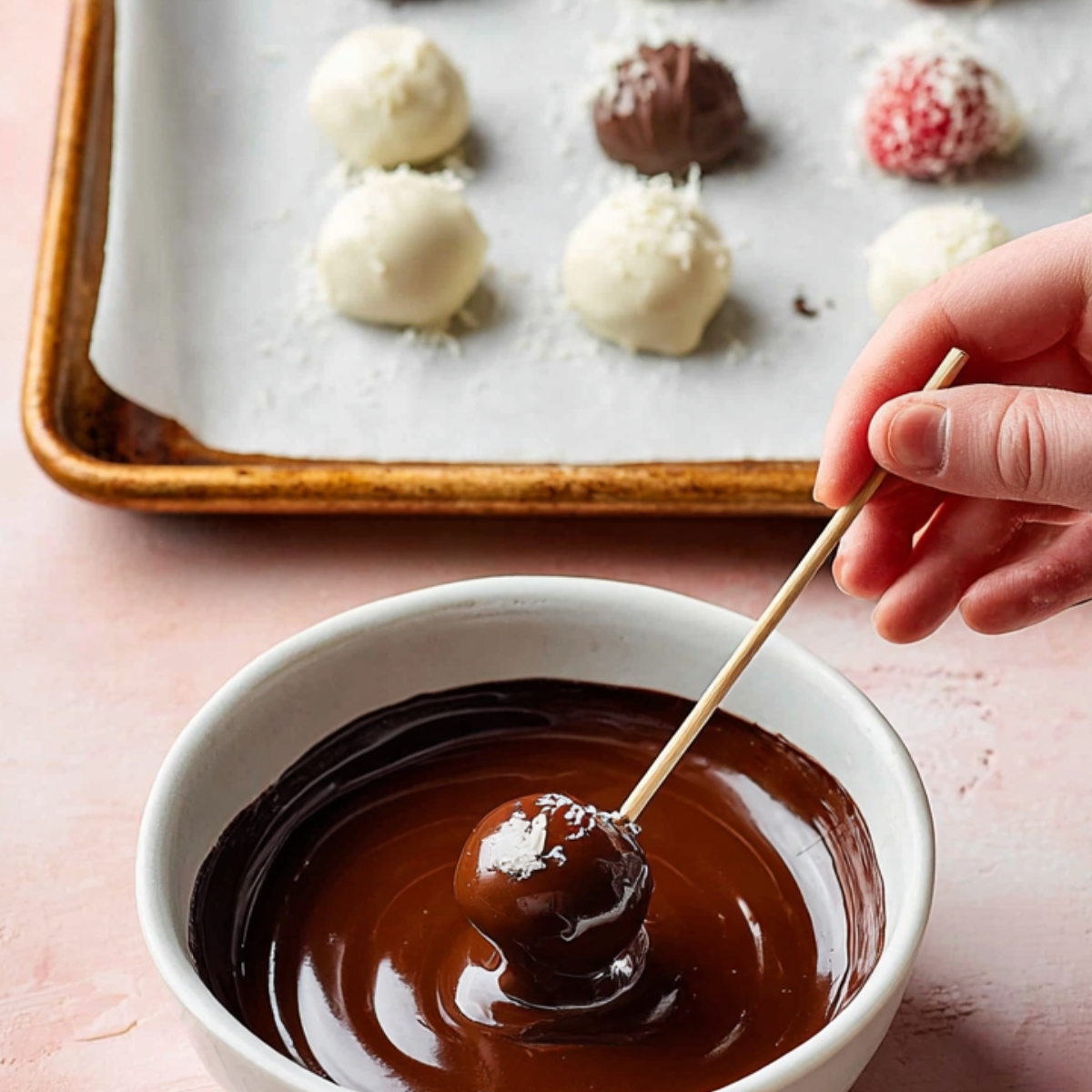The Best Chocolate Covered Raspberries Recipe 11 White chocolate coated raspberries being dipped into melted dark chocolate with a skewer, overhead food photography on a pastel pink surface.