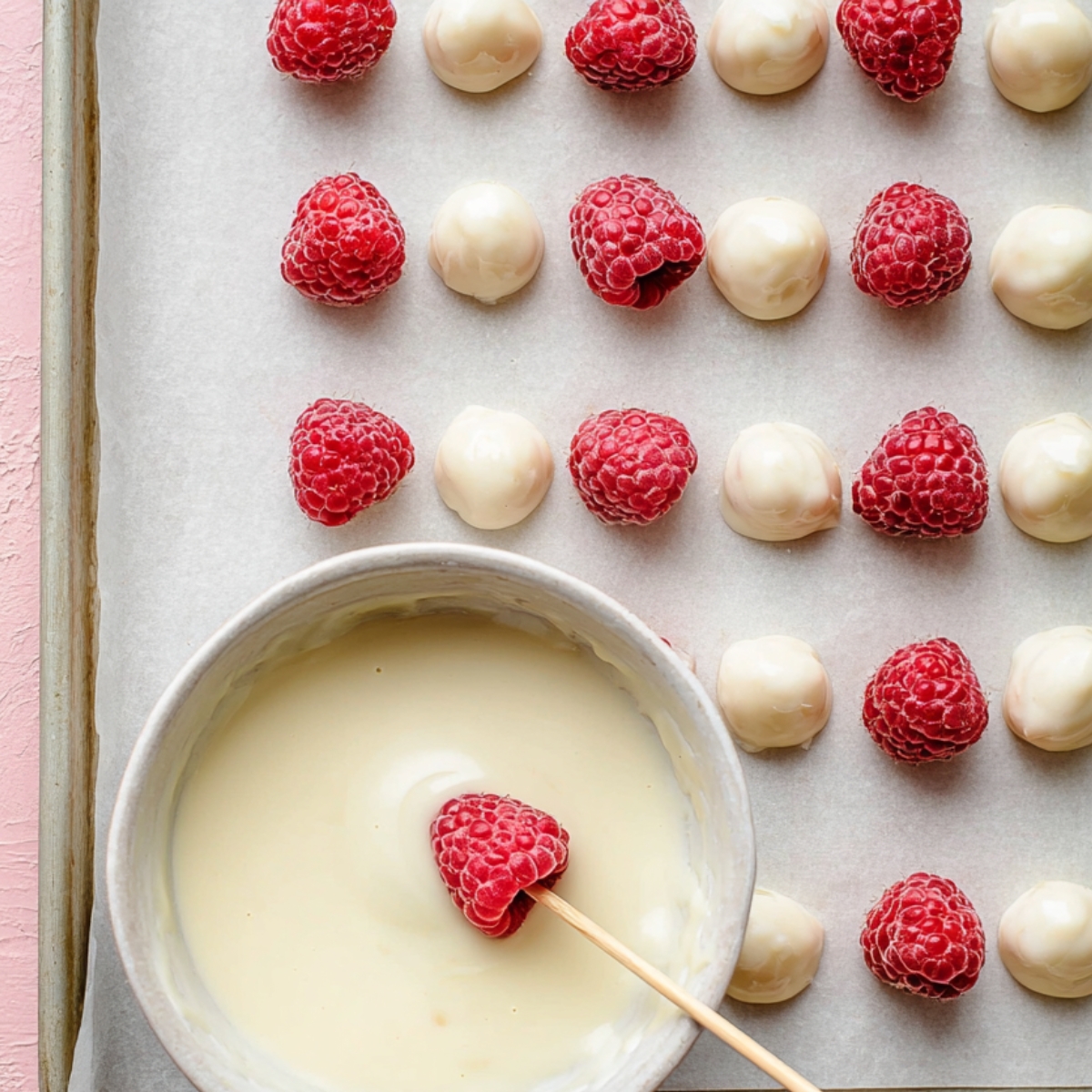 The Best Chocolate Covered Raspberries Recipe 10 Fresh raspberries being dipped into melted white chocolate and placed on a parchment-lined tray, top-down view on a pink background.