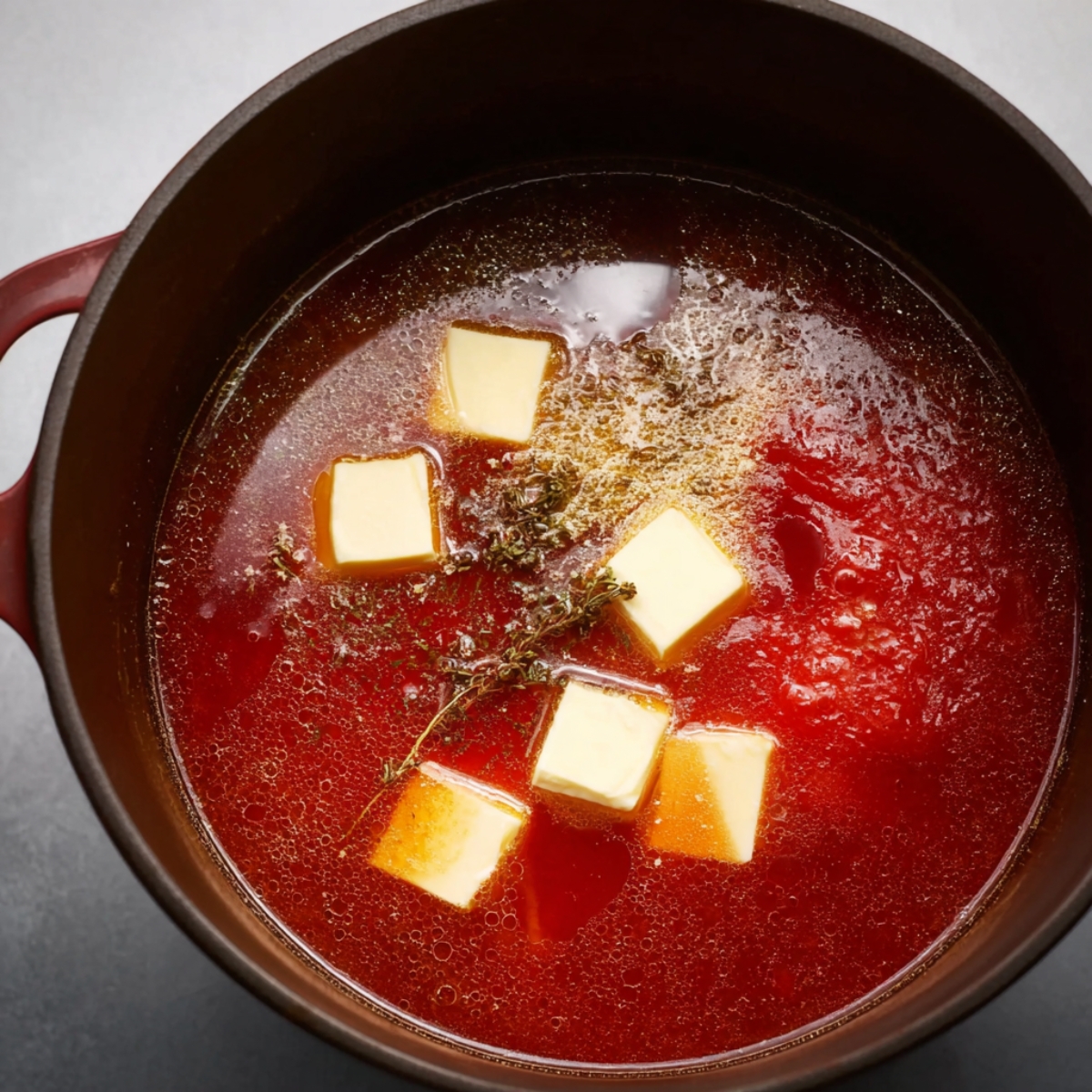 Easy Cioppino Recipe | Restaurant-Quality Seafood Stew 11 Chunks of butter are added to the deep red tomato broth, where they will melt and enrich the sauce, making it creamy and silky. The final step in preparing a luxurious seafood stew.