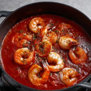 Shrimp simmering in a thick, spicy tomato broth, their texture softening as they absorb the flavors. The deep red of the sauce highlights the plump shrimp, making it an inviting dish.