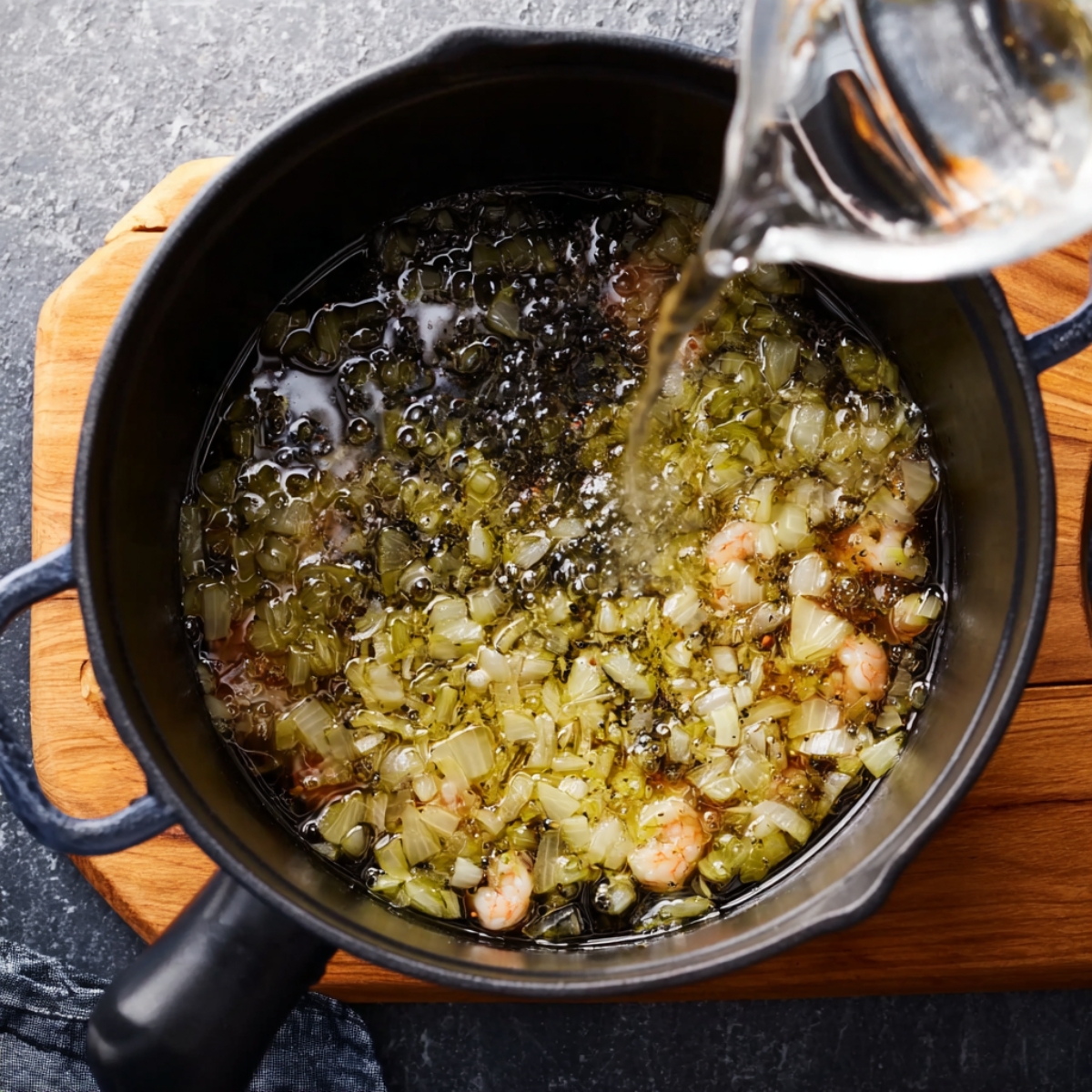 Easy Cioppino Recipe | Restaurant-Quality Seafood Stew 10 Chopped shallots are gently sautéed in olive oil in a deep, black Dutch oven. The aroma of the shallots begins to fill the air as a splash of water is added to the pan, creating a sizzle. The base for a rich, flavorful seafood stew begins to take shape.