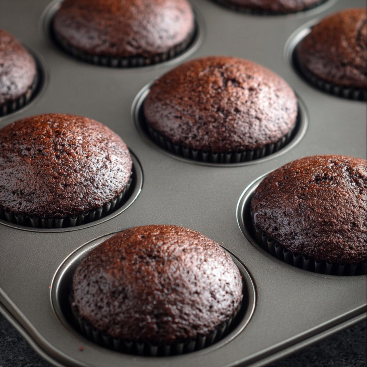 Easy Cream-Filled Chocolate Cupcakes | Homemade Recipe 11 Freshly baked dark chocolate cupcakes in a muffin tin, showing a shiny, domed top with slightly dark brown color, uniced and ready for frosting.