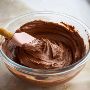 Easy Cream-Filled Chocolate Cupcakes | Homemade Recipe 17 A spatula stirring rich chocolate buttercream frosting in a glass bowl, smooth and creamy texture, with soft kitchen lighting.
