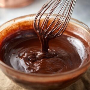 Easy Cream-Filled Chocolate Cupcakes | Homemade Recipe 15 Whisking together glossy chocolate ganache in a glass bowl, showing thick and smooth texture, with focus on the whisk in motion.
