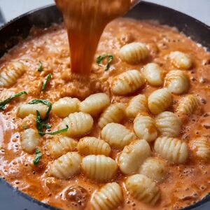 Creamy Tomato Gnocchi Recipe | Ready in 16 Minutes 17 Fresh potato gnocchi being added to a creamy tomato sauce while simmering.