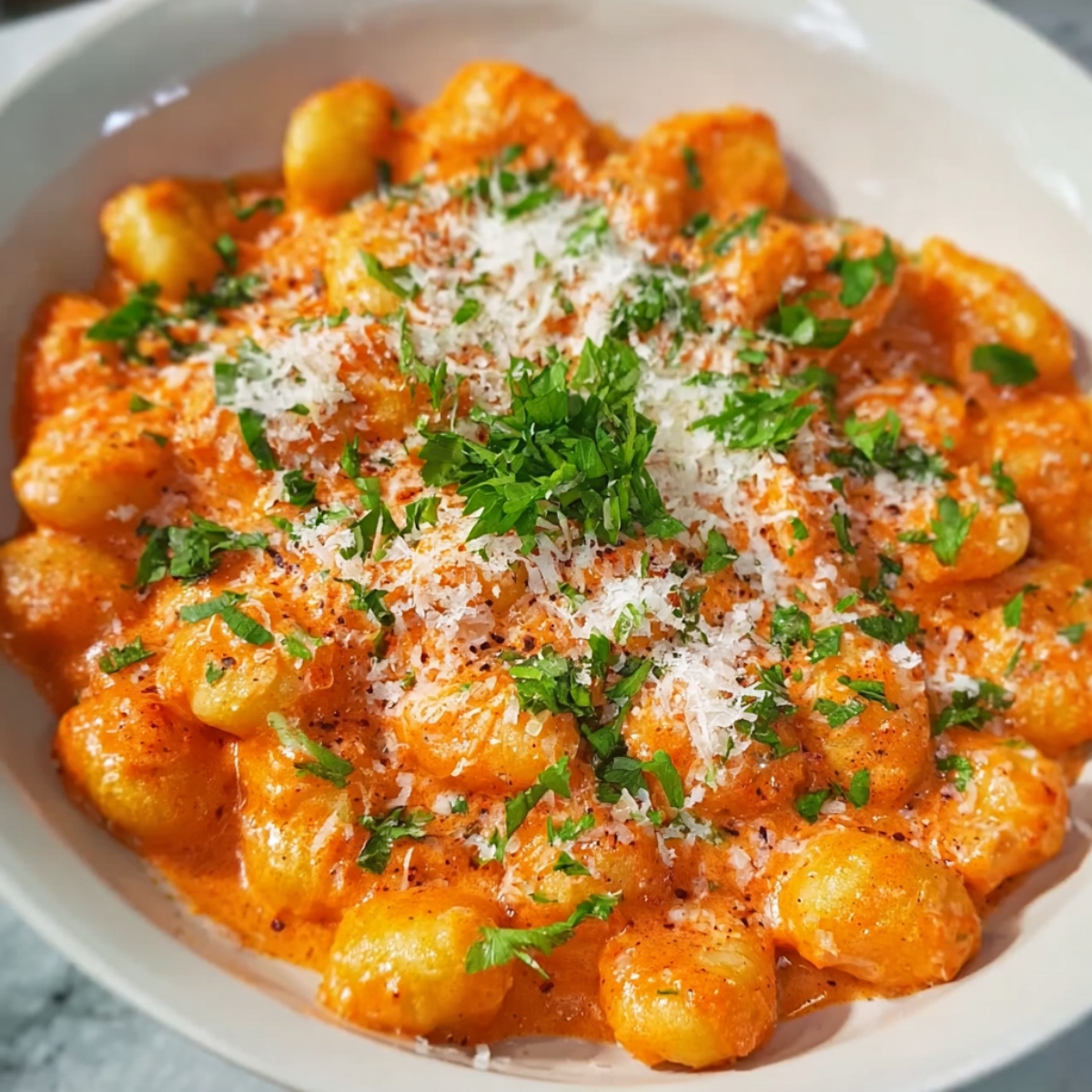 Creamy Tomato Gnocchi Recipe | Ready in 16 Minutes 13 Creamy tomato gnocchi served in a dish, topped with grated Parmesan cheese and fresh parsley.
