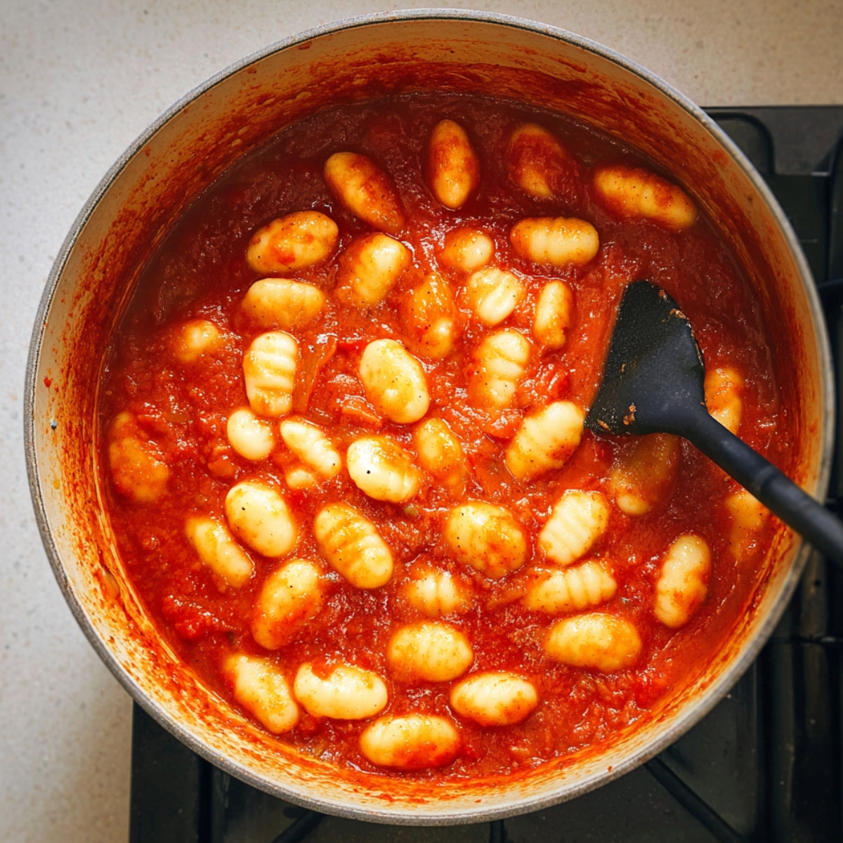 Easy Creamy Tomato Gnocchi with Burrata Recipe 12 A pot with gnocchi floating in a vibrant red tomato sauce, stirred with a black spatula