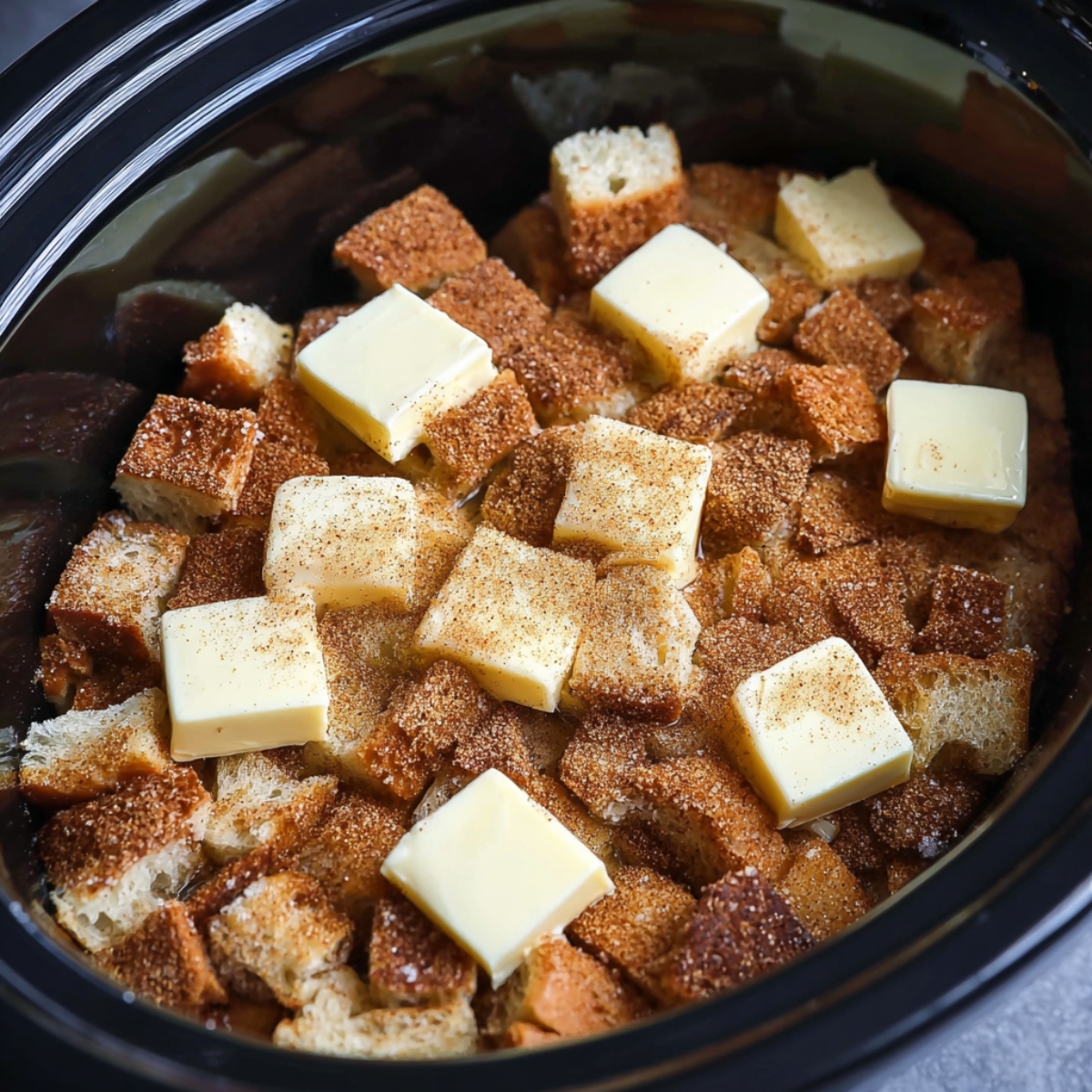 The Best Crockpot French Toast Recipe 12 A close-up shot of a slow cooker filled with cubed bread, topped with butter cubes and a generous sprinkle of cinnamon sugar. The bread is ready to be soaked in the sweet mixture and cooked into a delicious French toast casserole.