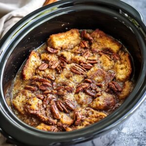 The Best Crockpot French Toast Recipe 18 A slow cooker filled with bread cubes, butter cubes, and cinnamon sugar mixture, ready to be cooked into a delicious French toast casserole. The bread is arranged evenly, and the butter and sugar are spread across the top