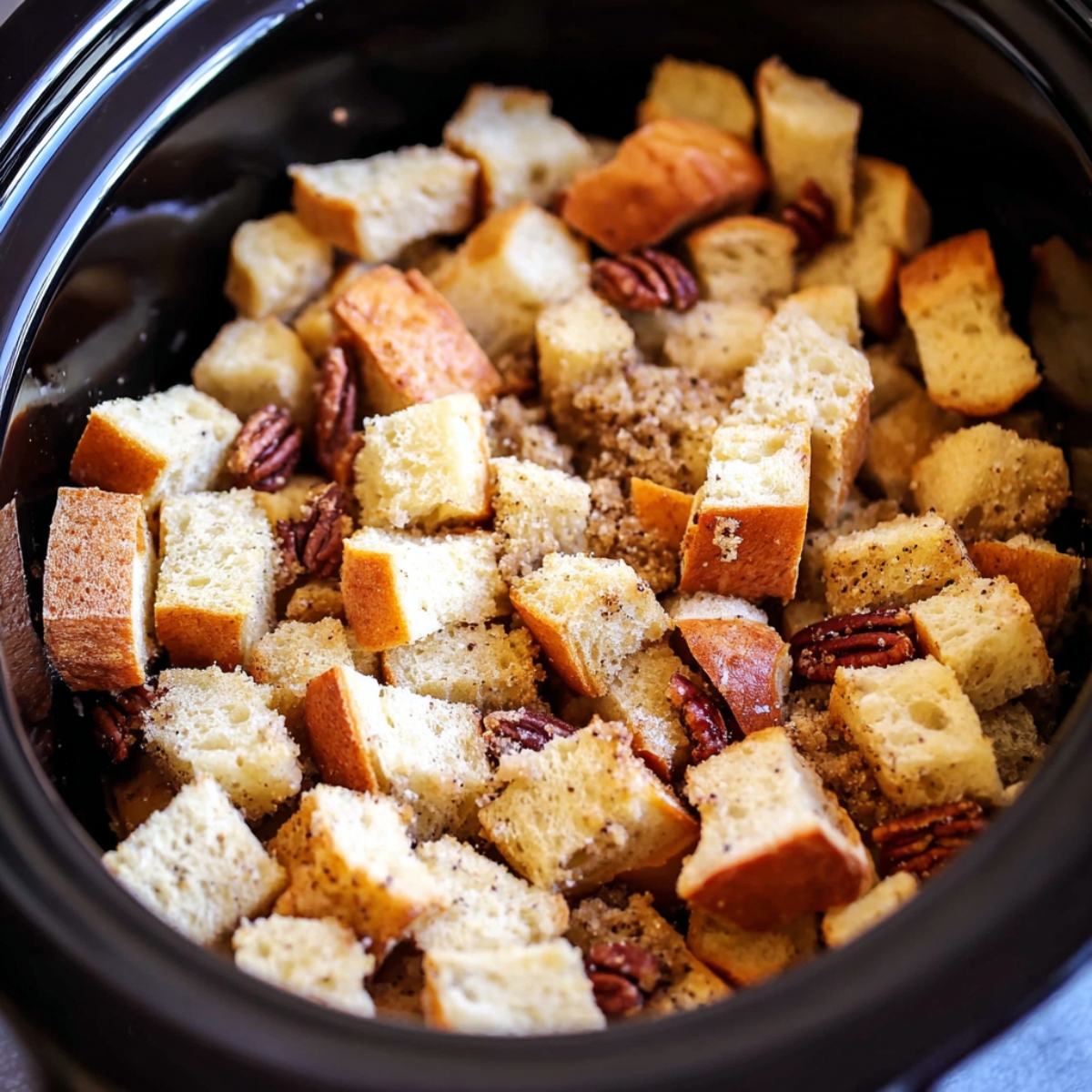 The Best Crockpot French Toast Recipe 10 Chunks of bread in a slow cooker mixed with chopped pecans, butter, and cinnamon-sugar mixture. The bread is positioned in the slow cooker to be soaked and cooked for a perfect French toast casserole.