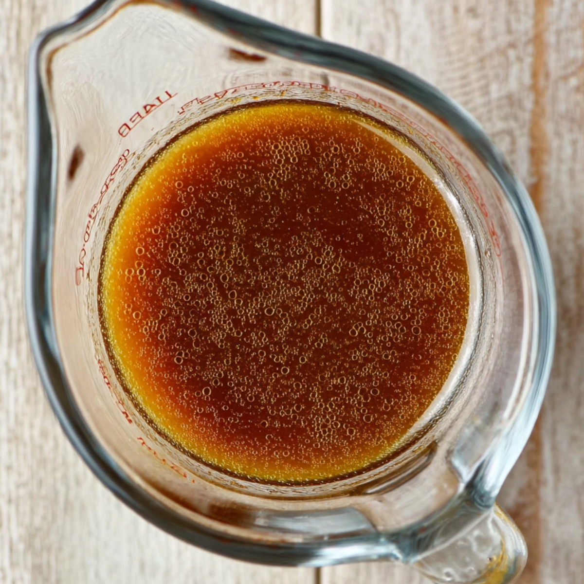 Healthy Cucumber and Carrot Salad Recipe 12 A close-up of a glass measuring cup filled with homemade Asian salad dressing, with a glossy texture, ready to be poured over the salad ingredients