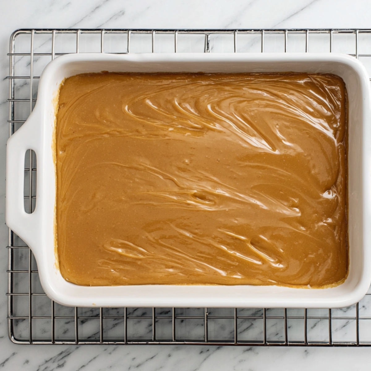 Brown Sugar Peach Cake Recipe | Easy & Moist 13 Top view of a white ceramic baking dish filled with smooth brown sugar topping spread evenly before baking.