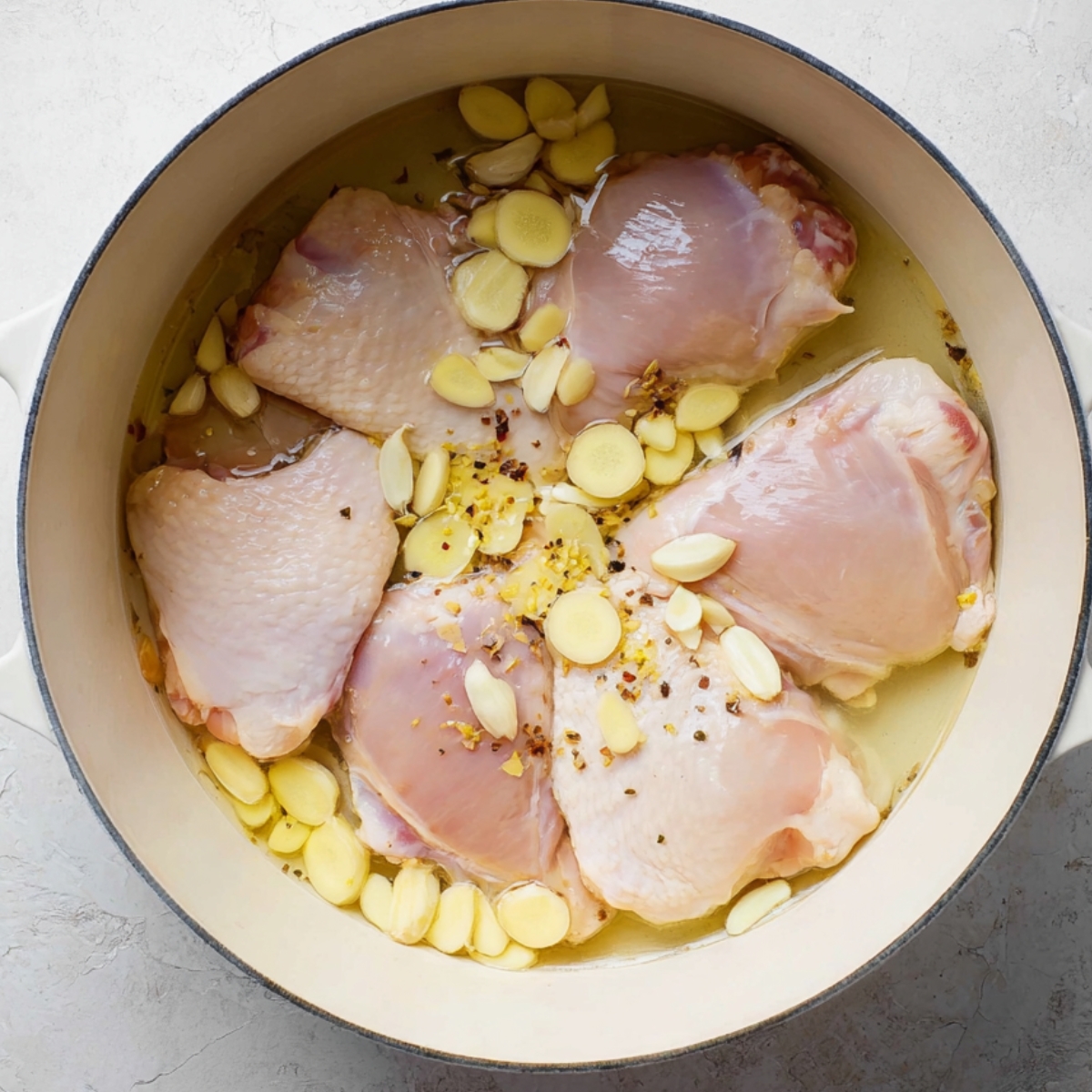Ginger Chicken Soup Recipe | Easy & Comforting in 40 Min 10 Top-down view of raw chicken thighs in a pot with sliced garlic and ginger, submerged in broth before cooking.