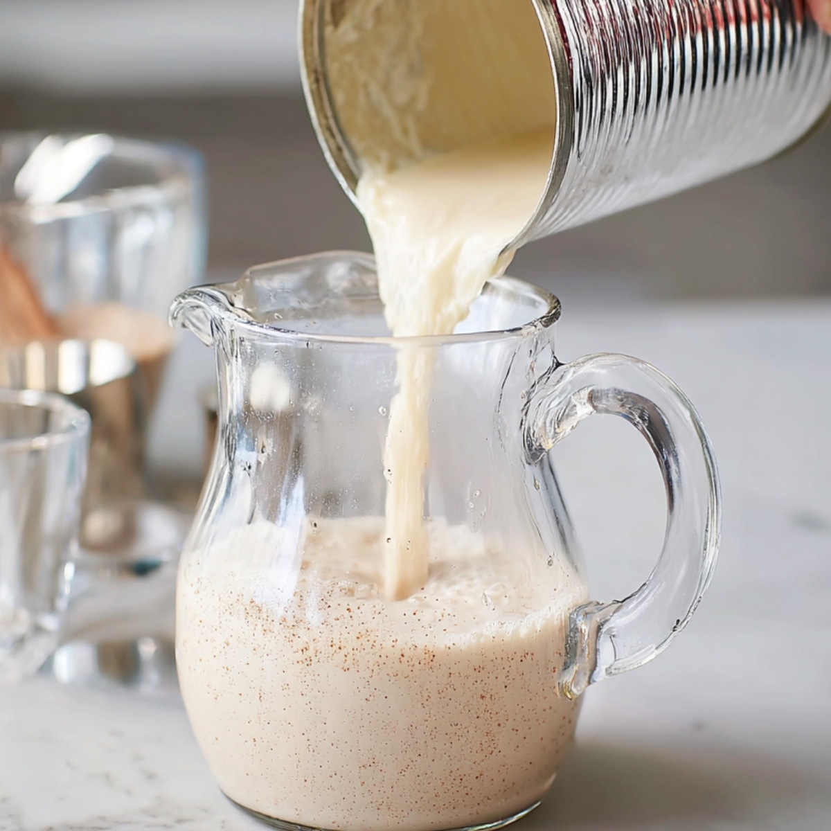 Authentic Horchata Recipe | Homemade Mexican Drink 13 Pouring sweetened condensed milk from an opened can into a clear glass pitcher filled with horchata, visible cinnamon specks, marble countertop kitchen setting, measuring cups in the background, natural daylight, clean and modern food styling, step-by-step recipe photography, realistic textures, high resolution, soft shadows, editorial food photography
