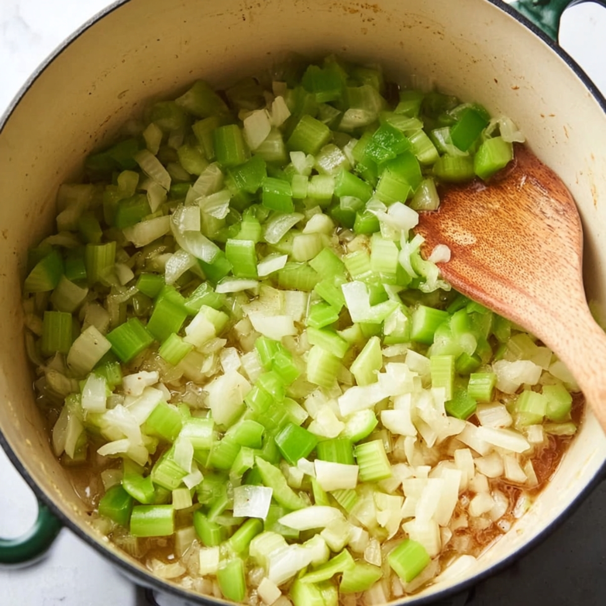 Easy Kielbasa Potato Soup | One Pot Comfort Food 11 Chopped onions and celery sautéing in butter inside a Dutch oven, soft and translucent vegetables, wooden spoon, preparation step for kielbasa potato soup, overhead angle, warm kitchen lighting, high detail