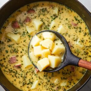 Easy Kielbasa Potato Soup | One Pot Comfort Food 18 Cubed potatoes lifted with a black ladle from creamy kielbasa soup, thick golden broth with herbs, close-up cooking detail, overhead shot, realistic food photography, soft natural lighting