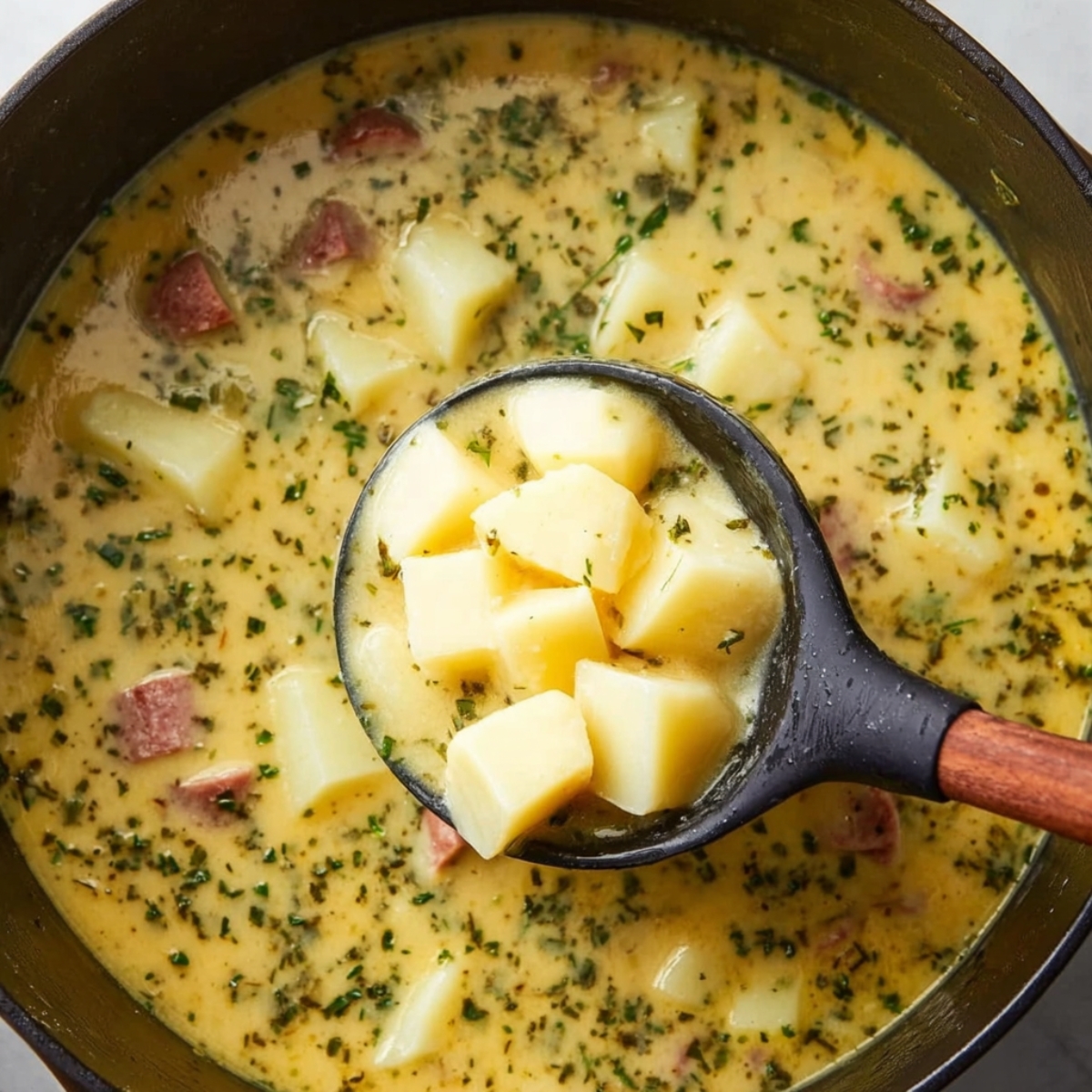 Easy Kielbasa Potato Soup | One Pot Comfort Food 12 Cubed potatoes lifted with a black ladle from creamy kielbasa soup, thick golden broth with herbs, close-up cooking detail, overhead shot, realistic food photography, soft natural lighting