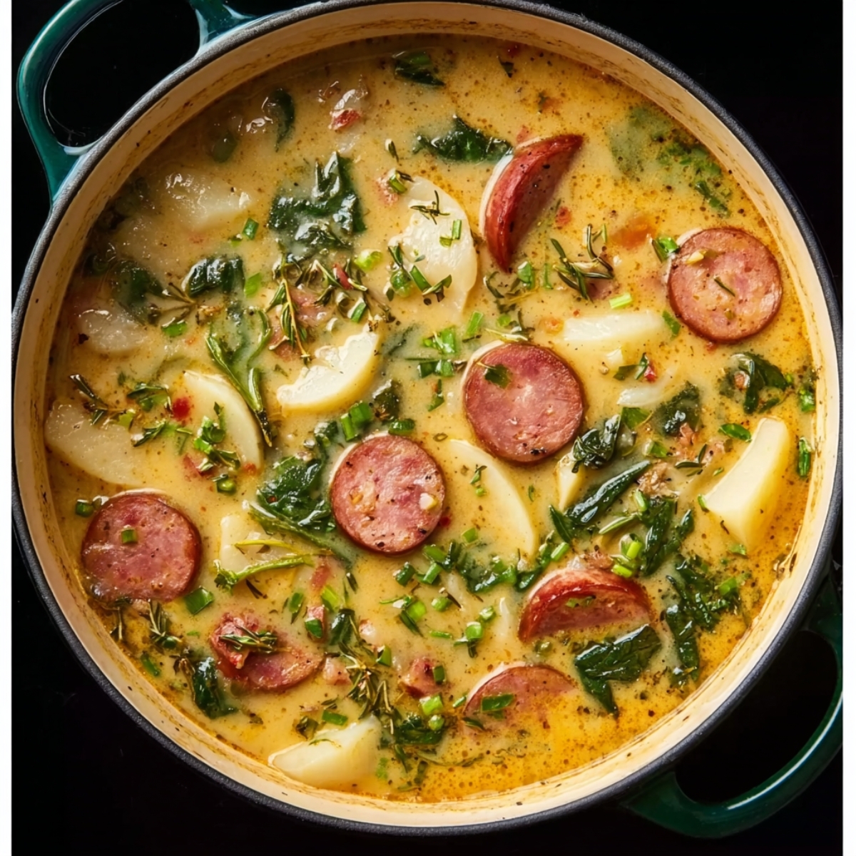 Easy Kielbasa Potato Soup | One Pot Comfort Food 13 Creamy kielbasa potato soup simmering in a Dutch oven, sliced sausage, tender potatoes, leafy greens, herbs floating in a rich golden broth, cozy comfort food, top-down view, natural light, high detail food photography, 4k