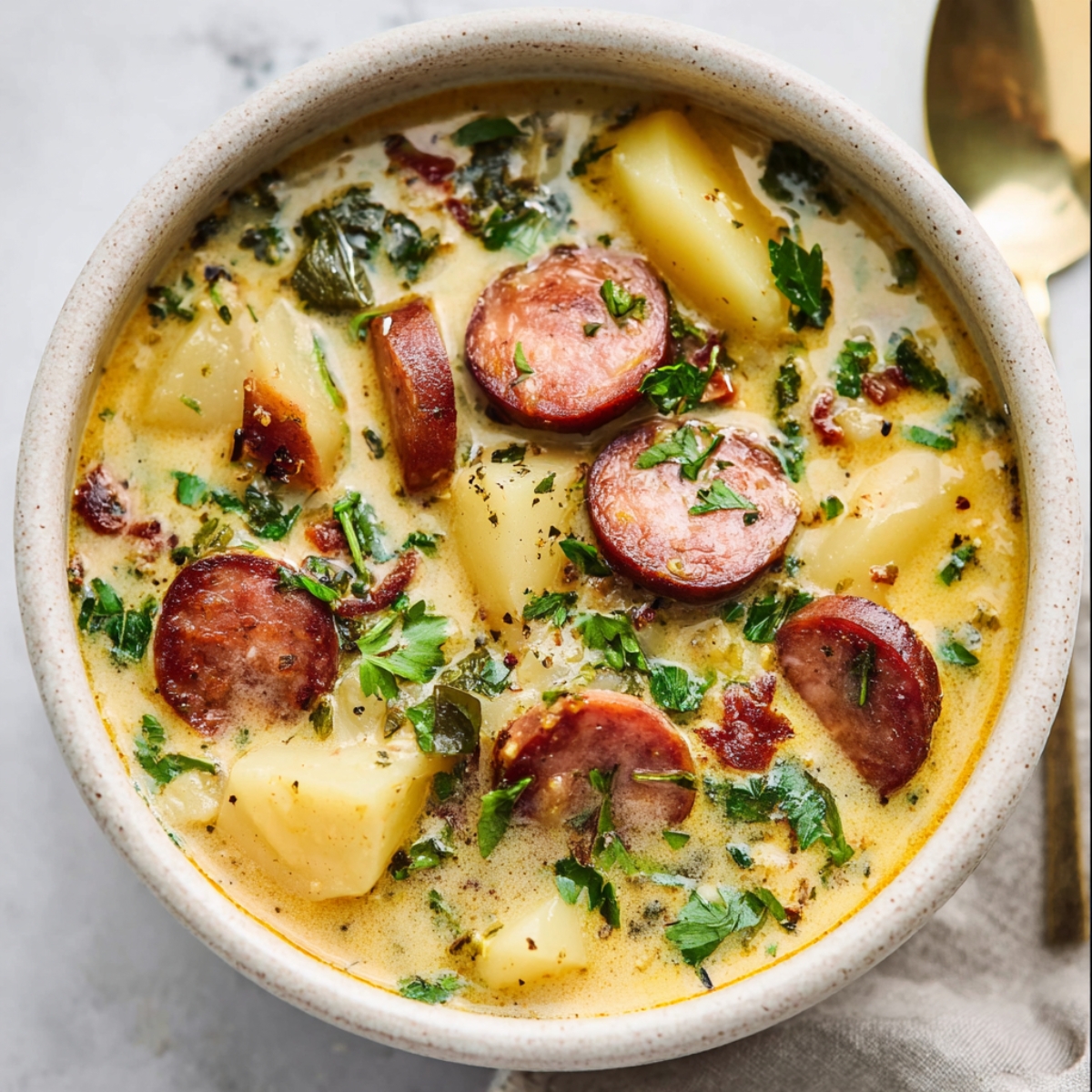 Easy Kielbasa Potato Soup | One Pot Comfort Food 14 Creamy kielbasa potato soup with sliced sausage, potatoes, bacon bits, green onions, and herbs in a rich golden broth, rustic bowl, comfort food, high-end food photography, natural light, 4k